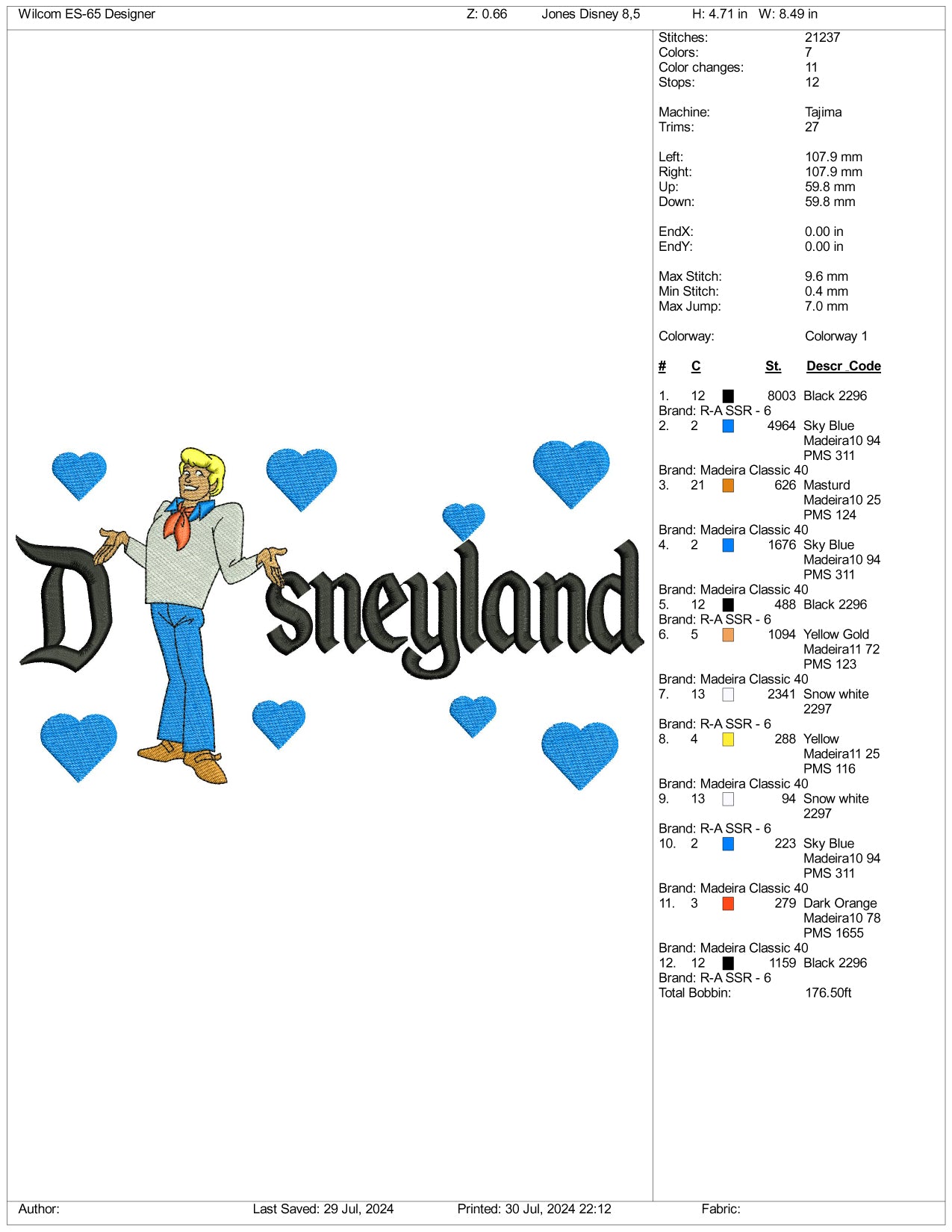 Fred Jones Disneyland Embroidery Design Files - 3 Size's