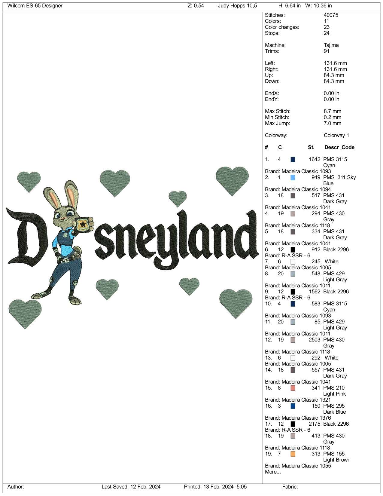 Judy Hopps Disneyland Embroidery Design Files - 3 Size's