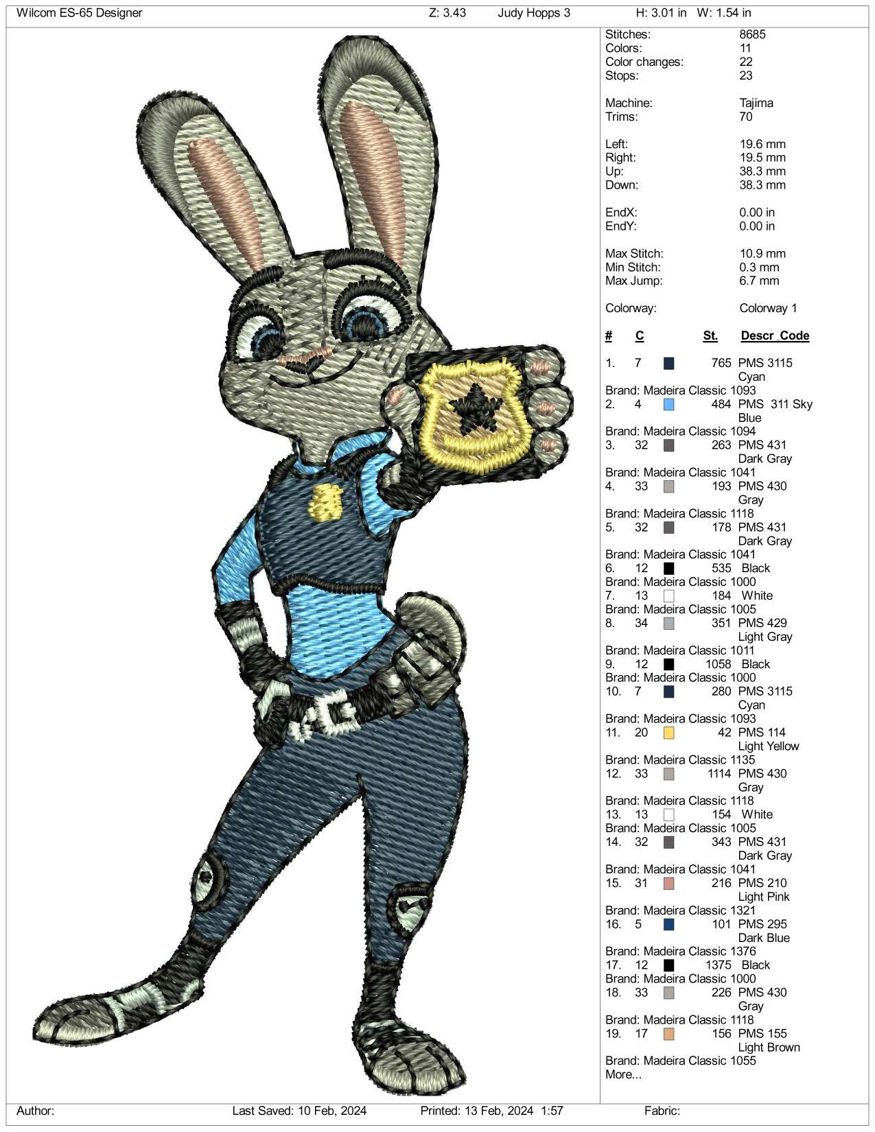 Judy Hopps Embroidery Design Files - 3 Size's