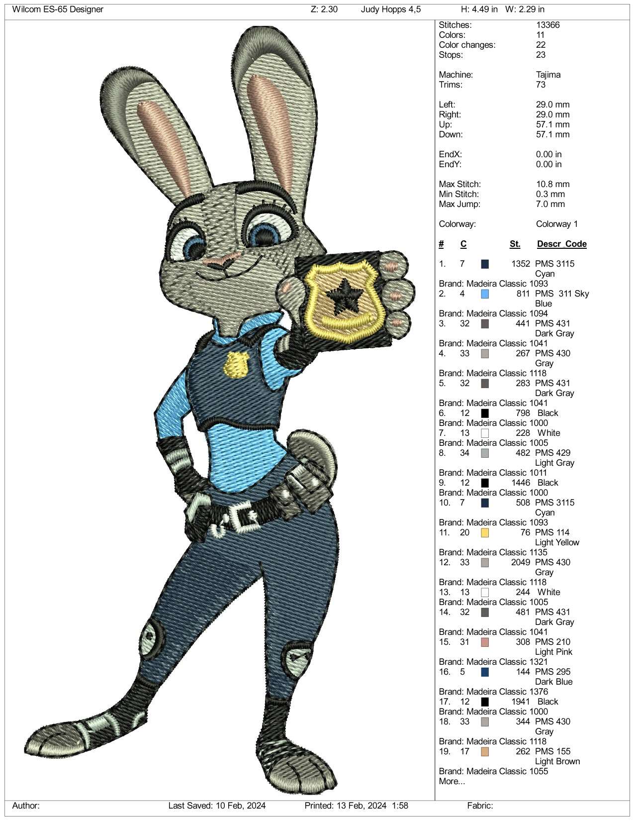 Judy Hopps Embroidery Design Files - 3 Size's