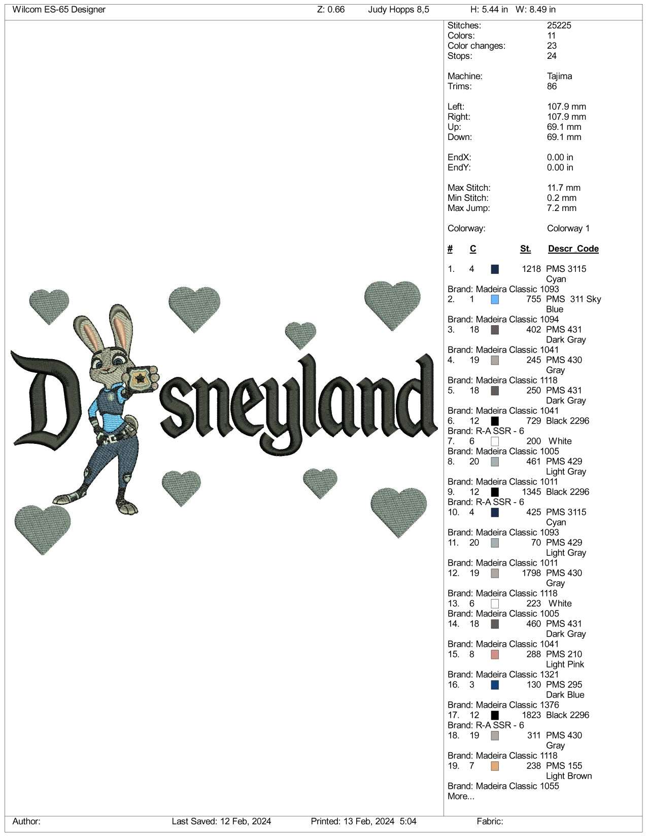 Judy Hopps Disneyland Embroidery Design Files - 3 Size's