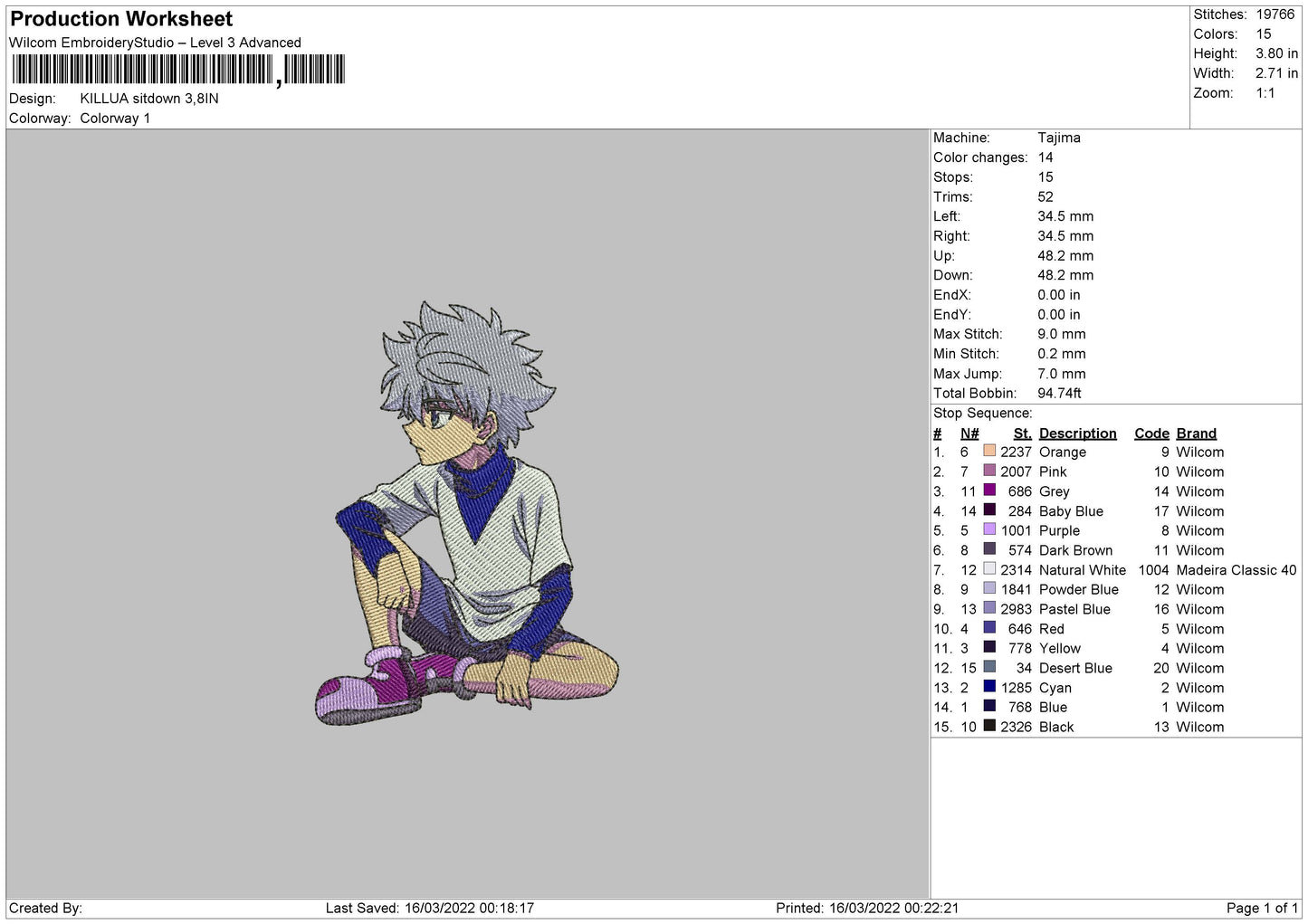 Killua Zoldyck v7 Embroidery Design Files - 4 Size's