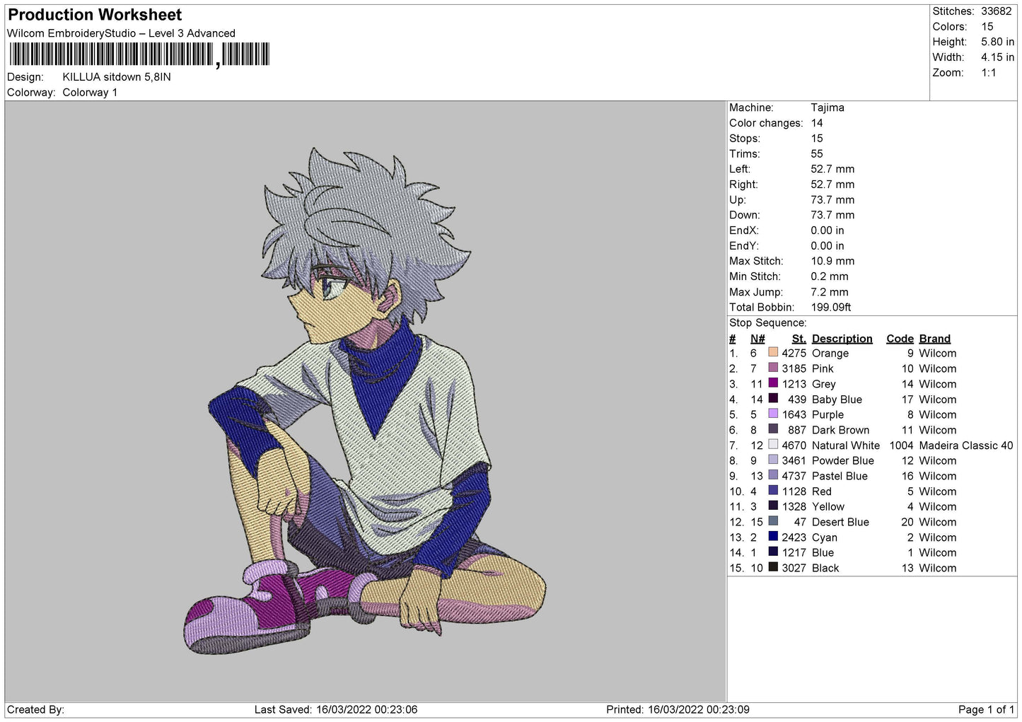 Killua Zoldyck v7 Embroidery Design Files - 4 Size's