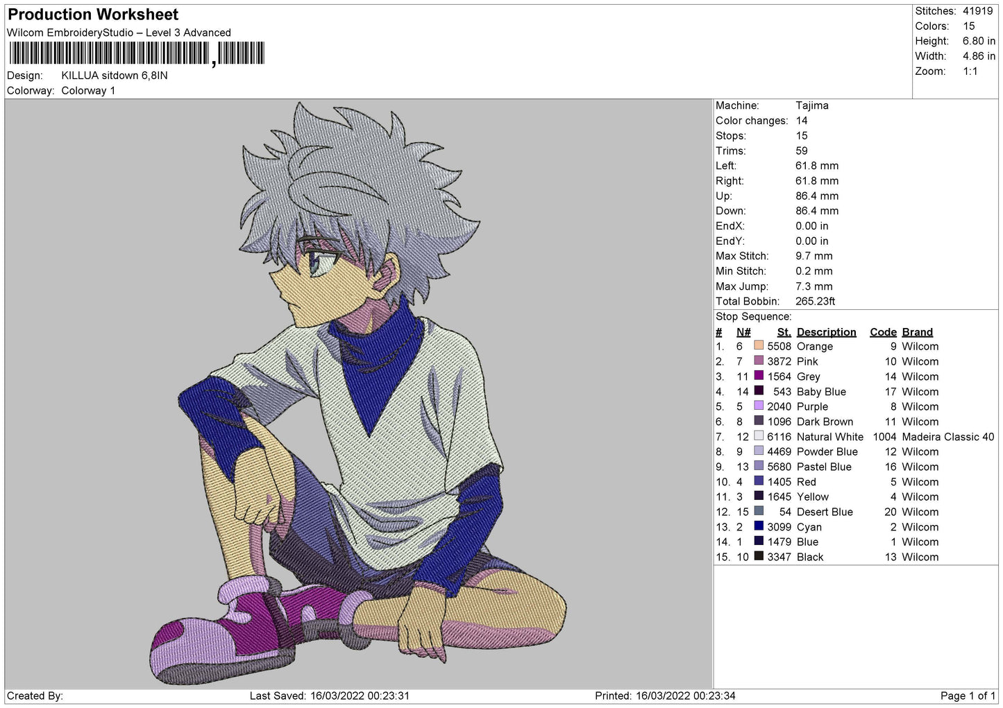 Killua Zoldyck v7 Embroidery Design Files - 4 Size's