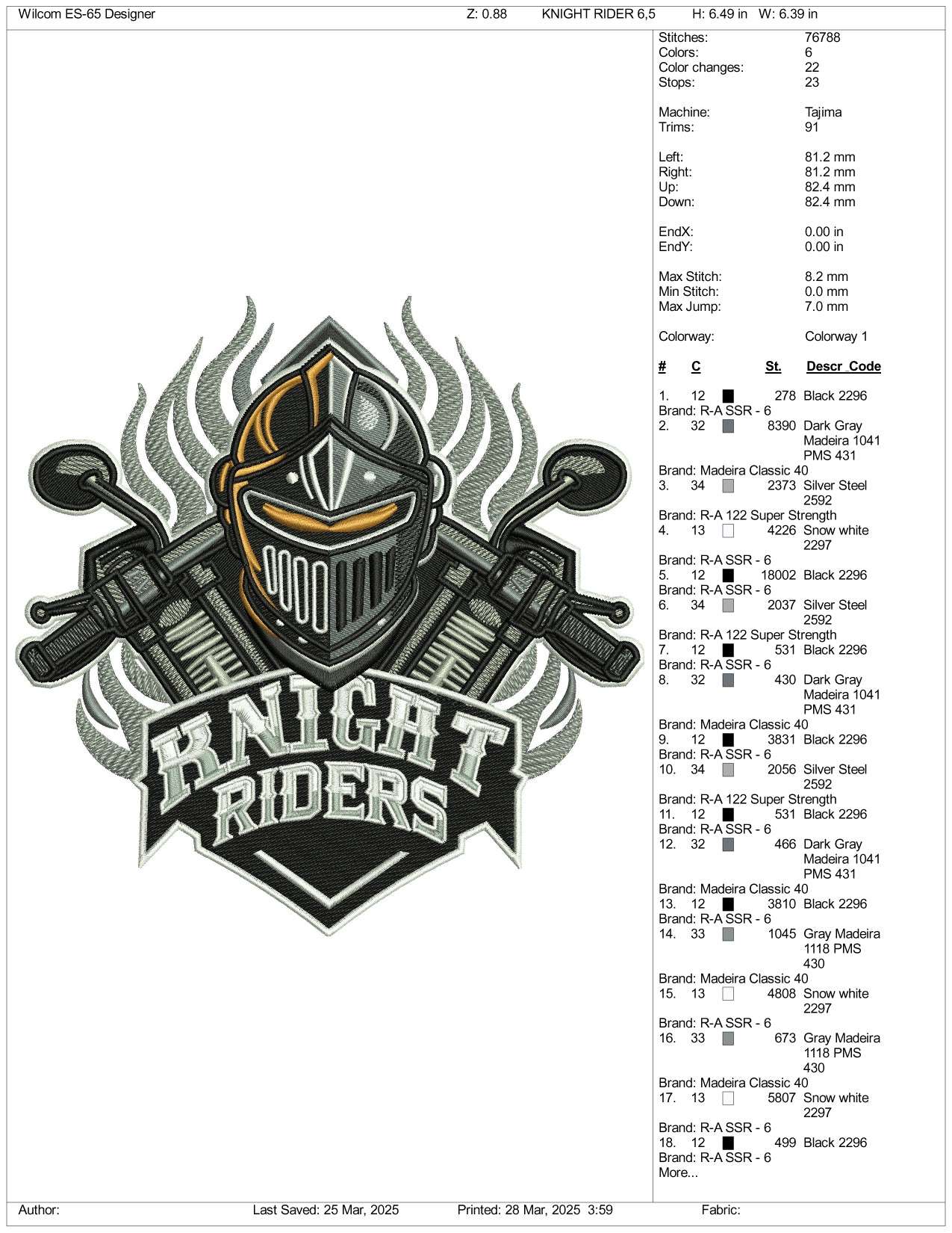 Knight Riders Embroidery Design Files - 3 Size's