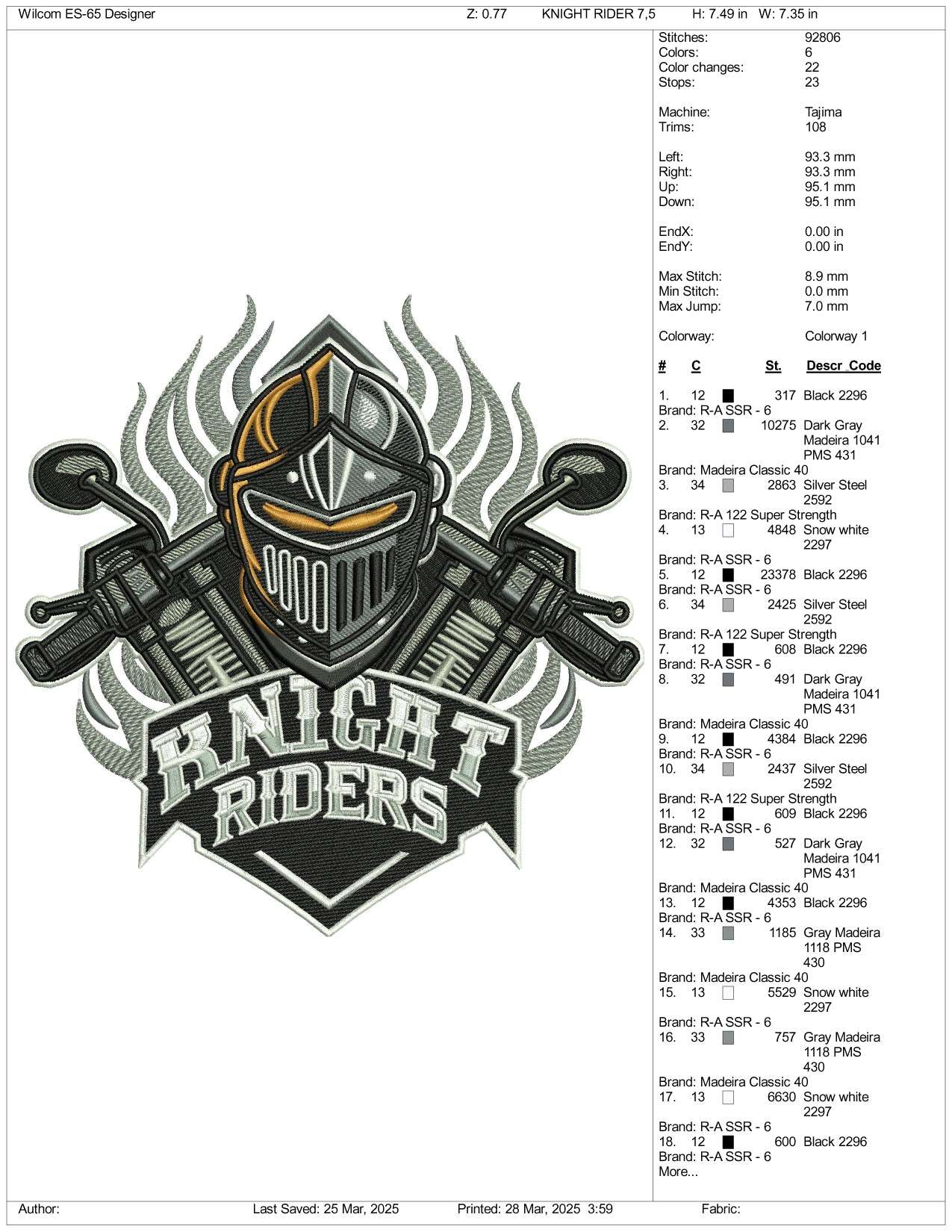 Knight Riders Embroidery Design Files - 3 Size's