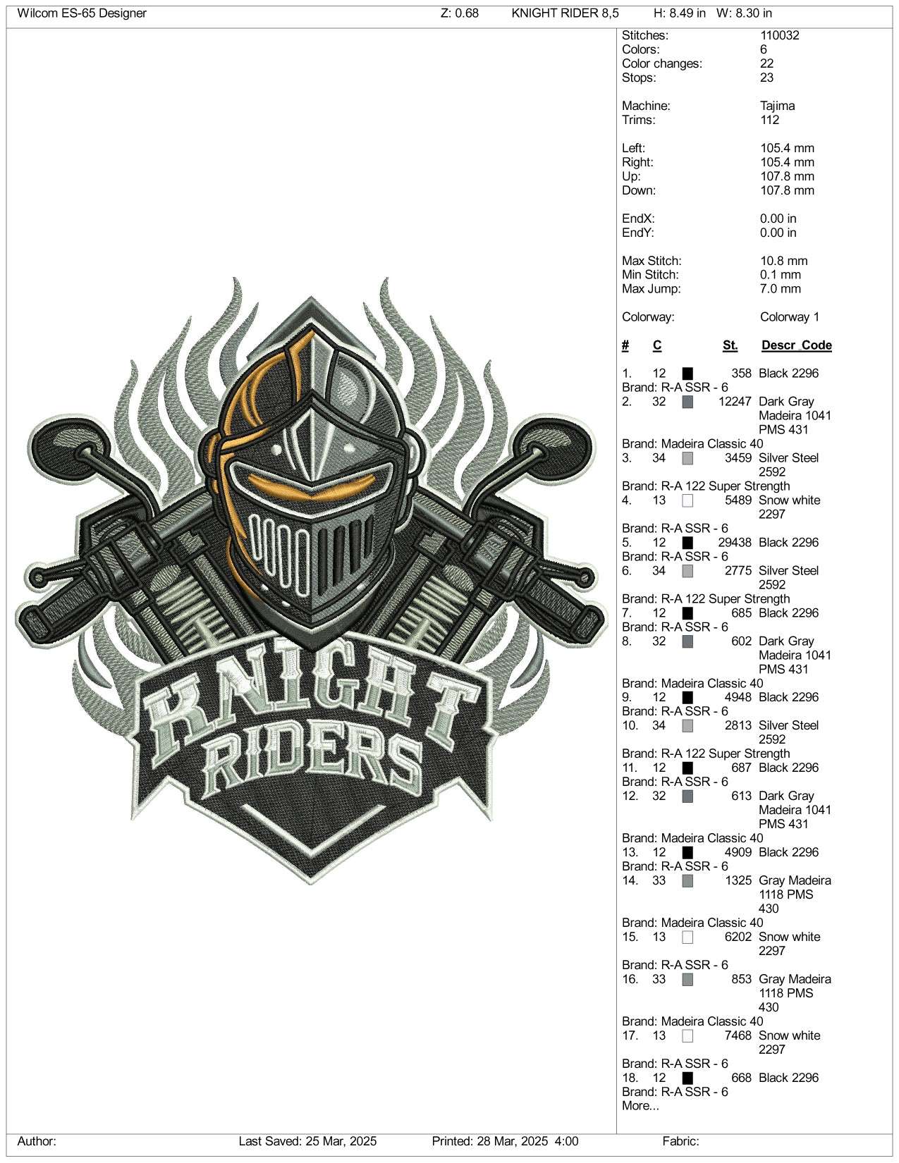 Knight Riders Embroidery Design Files - 3 Size's