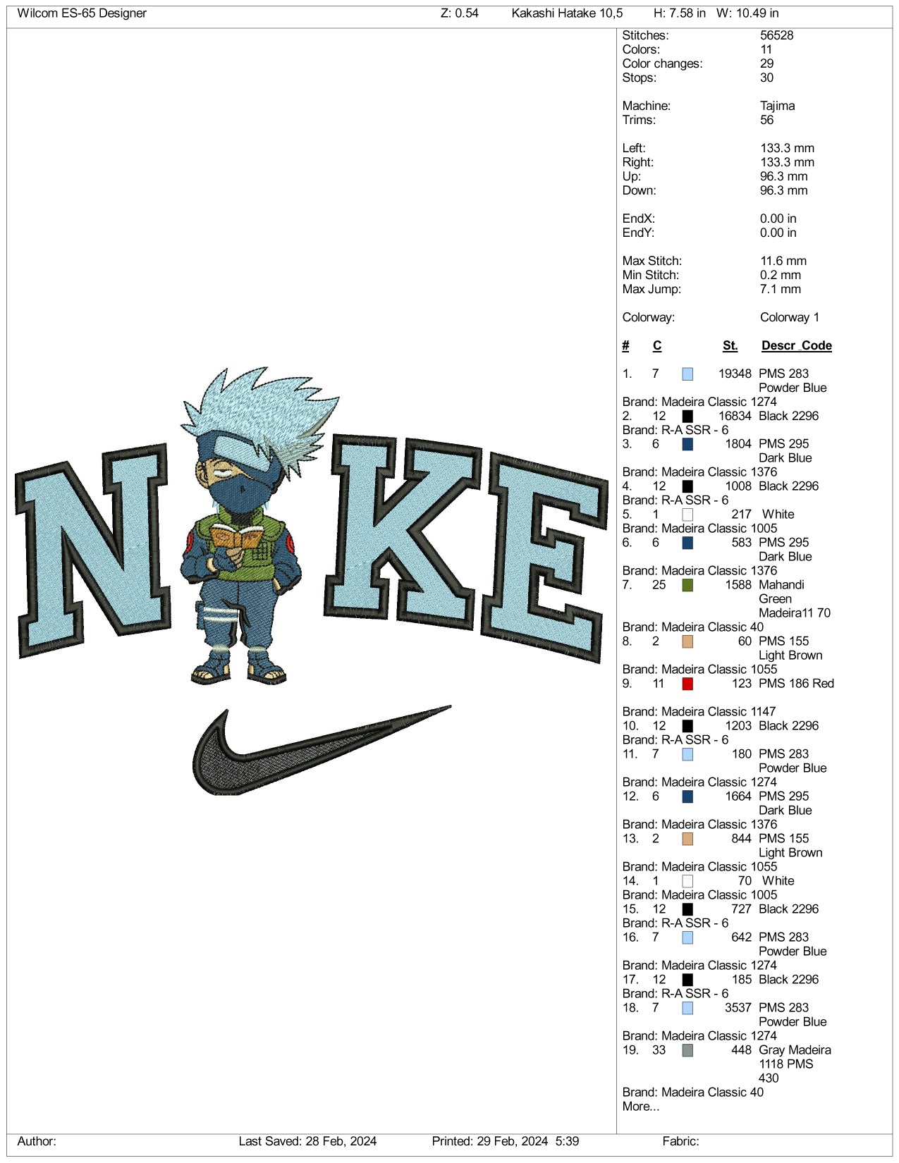 Nike Chibi Kakashi Hatake Embroidery Design Files - 3 Size's