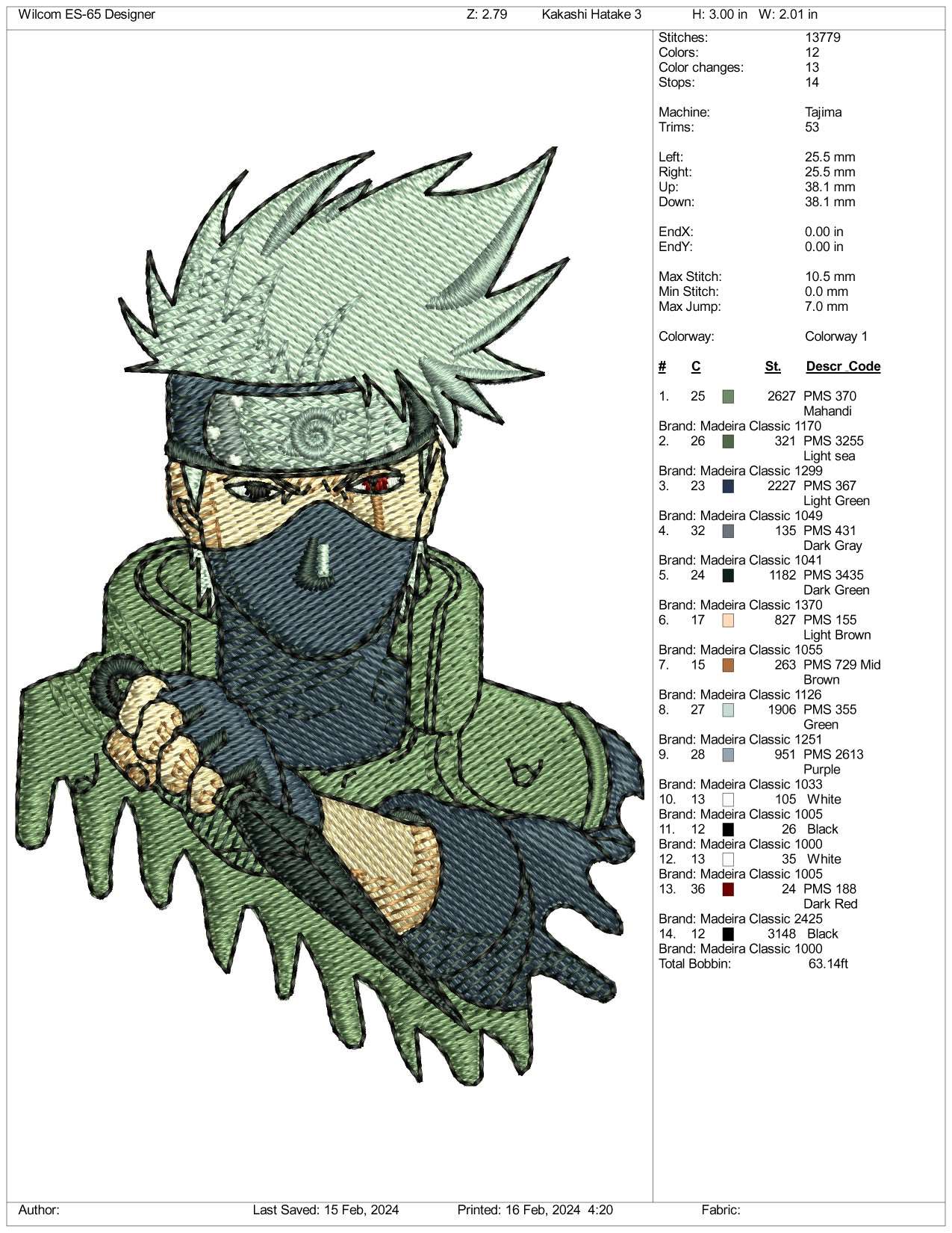 Kakashi Hatake Embroidery Design Files - 3 Size's