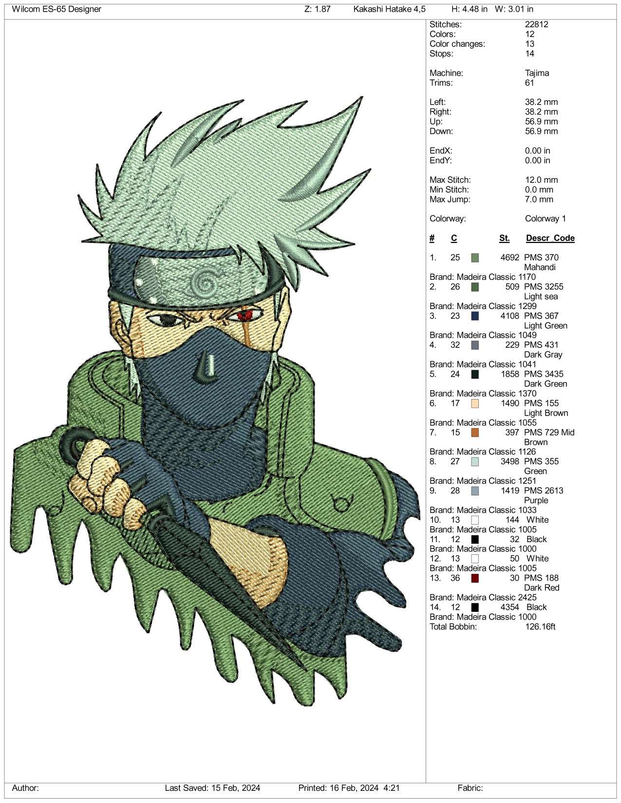 Kakashi Hatake Embroidery Design Files - 3 Size's