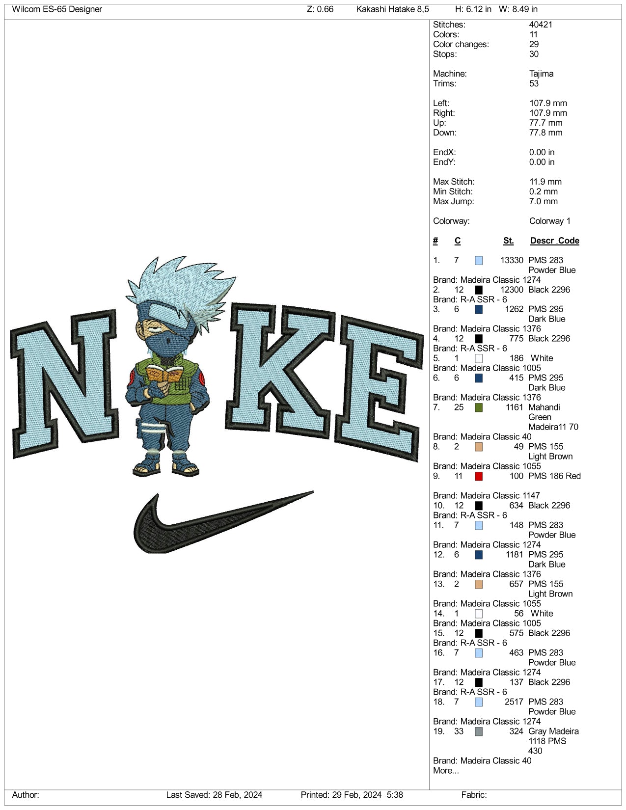 Nike Chibi Kakashi Hatake Embroidery Design Files - 3 Size's