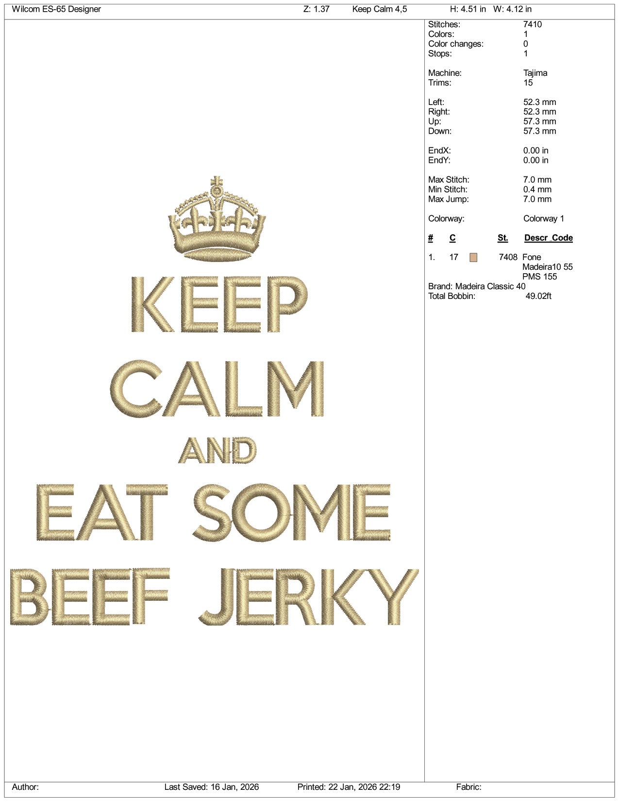 Keep Calm and Eat Some Beef Jerky Embroidery Design Files - 3 Size's