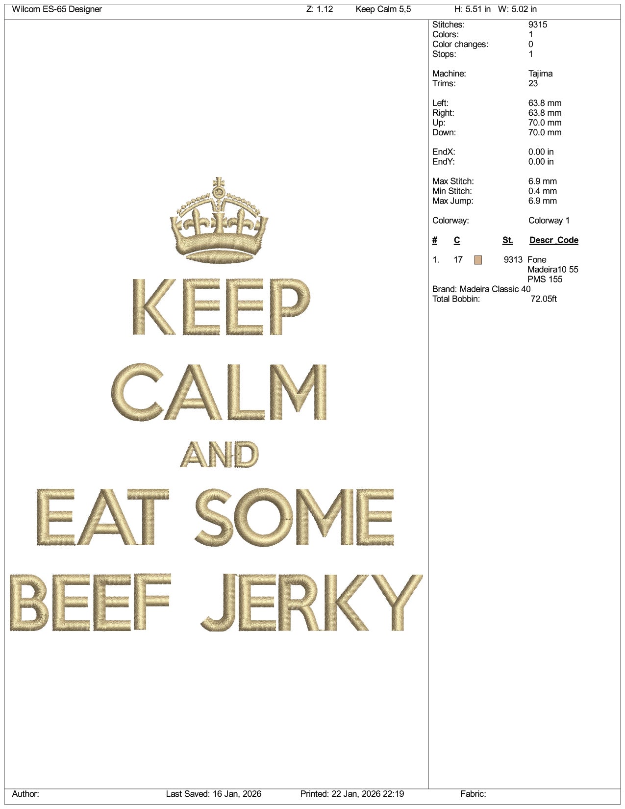 Keep Calm and Eat Some Beef Jerky Embroidery Design Files - 3 Size's