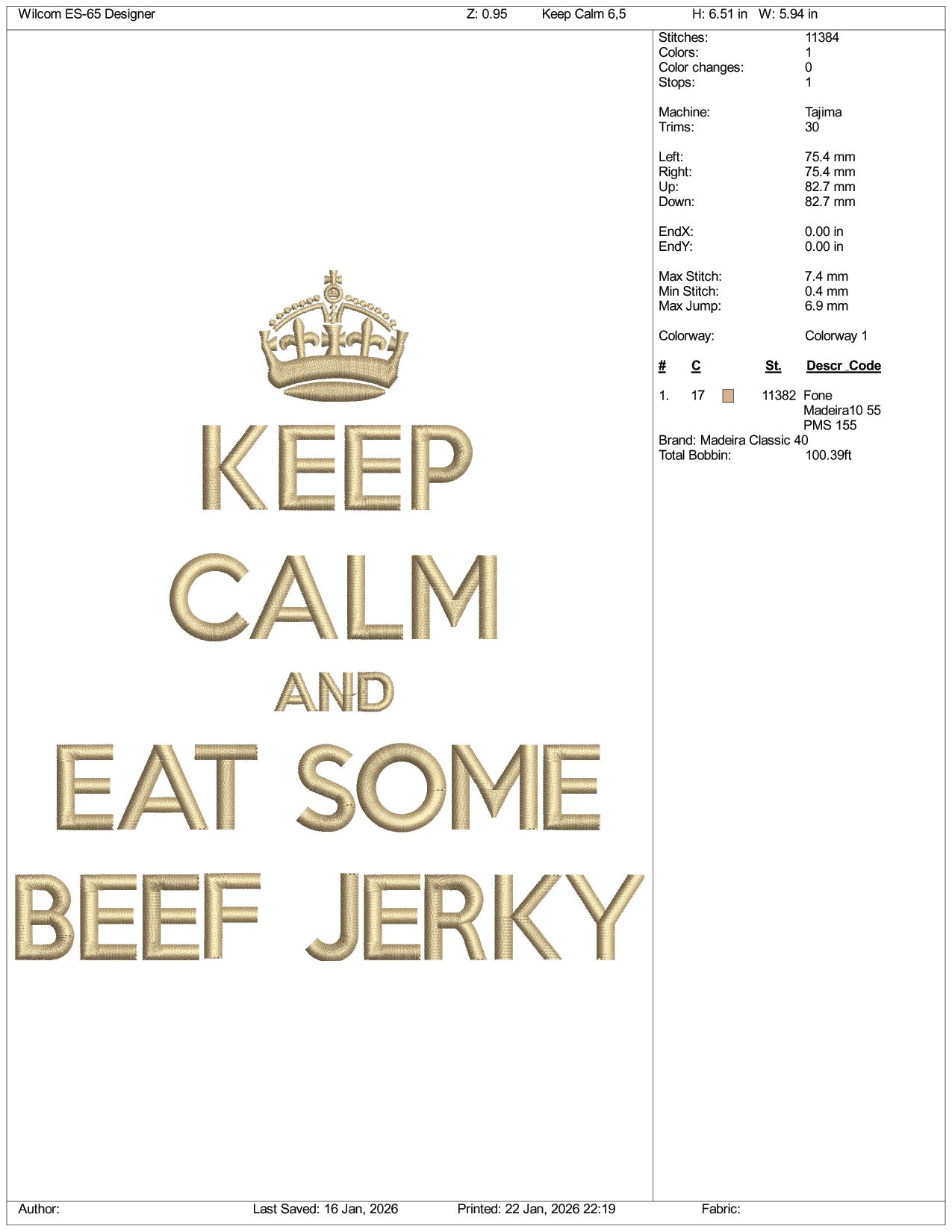 Keep Calm and Eat Some Beef Jerky Embroidery Design Files - 3 Size's