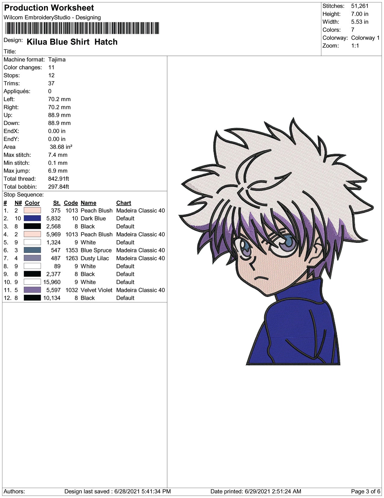 Killua Zoldyck v12 Embroidery Design Files - 4 Size's