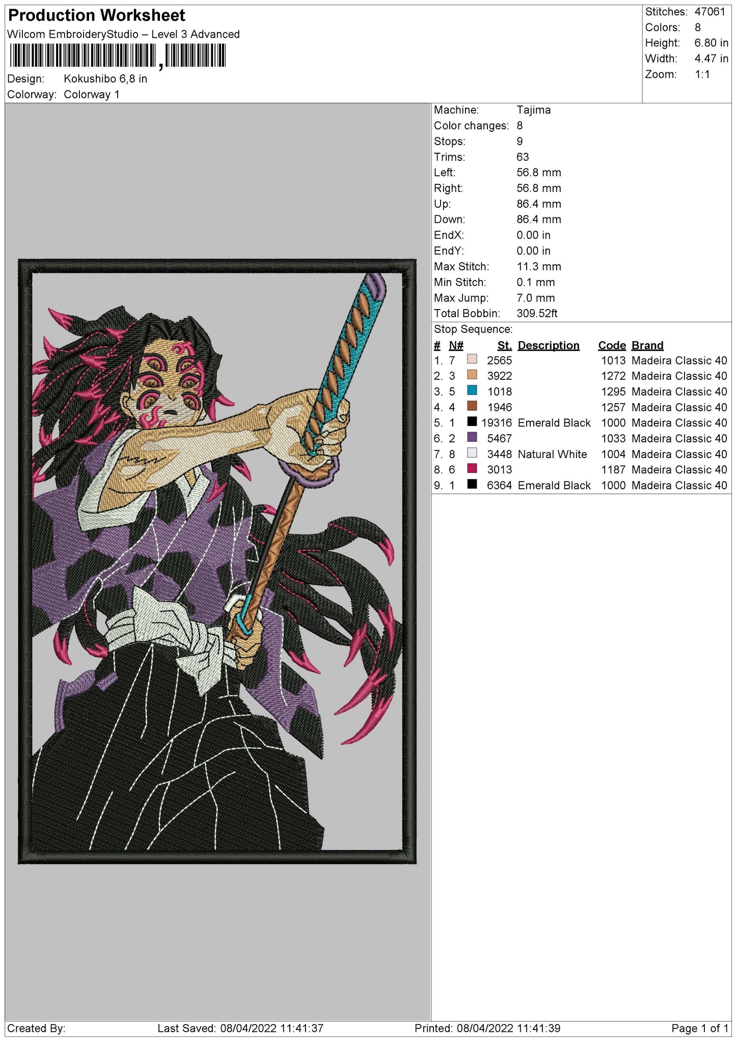 Kokushibo v2 Embroidery Design Files - 4 Size's