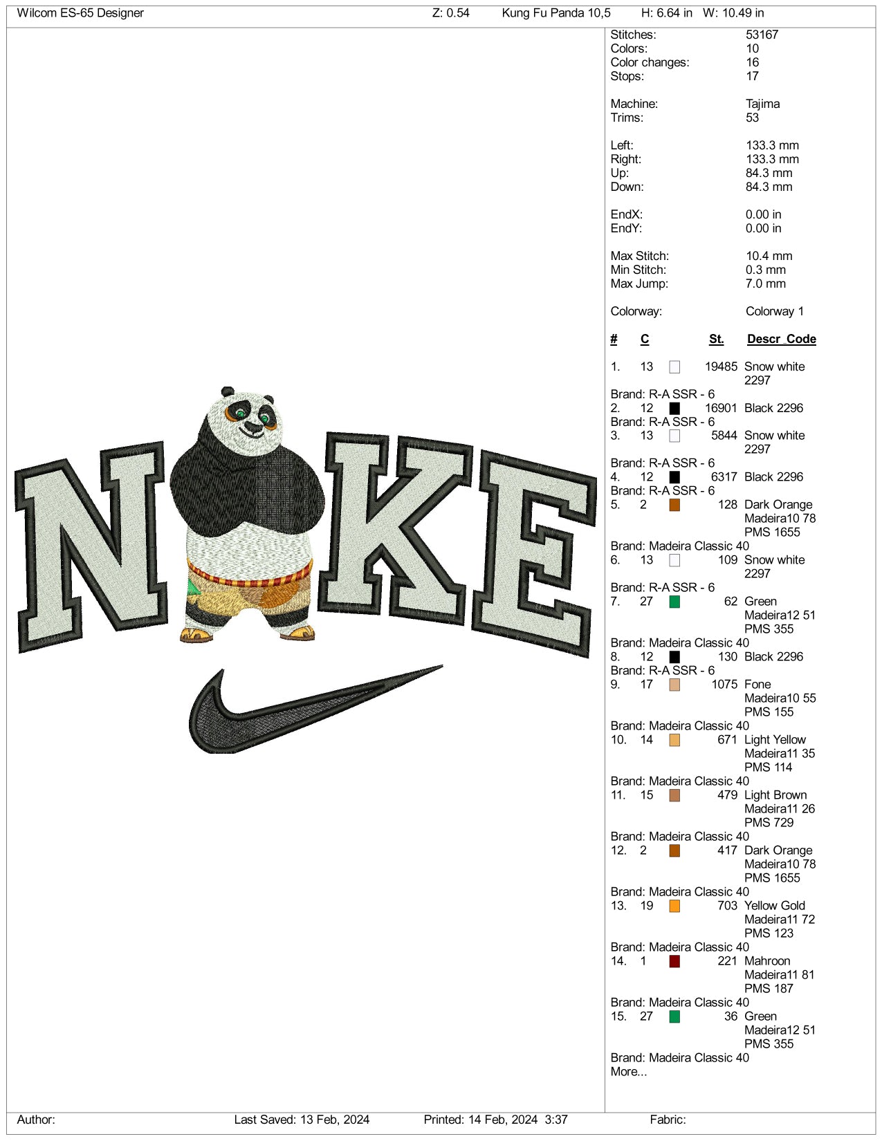 Nike Kung Fu Panda Embroidery Design Files - 3 Size's