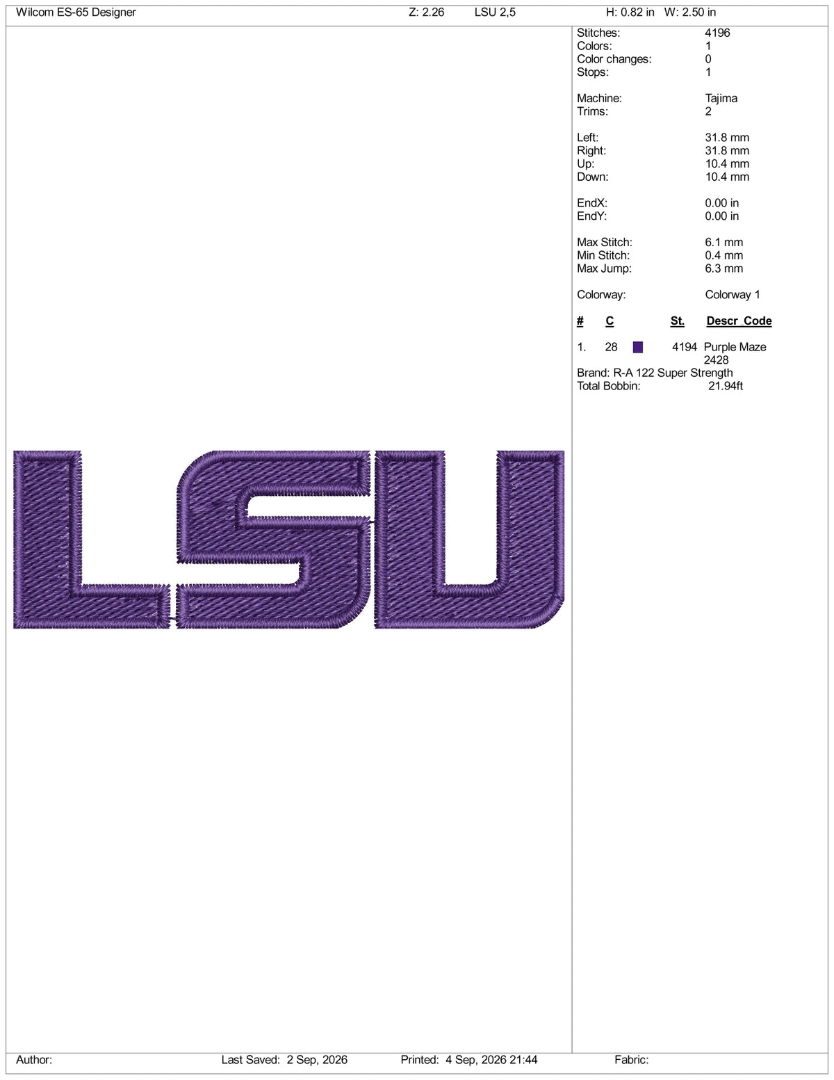 LSU Logo Embroidery Design Files - 3 Size's