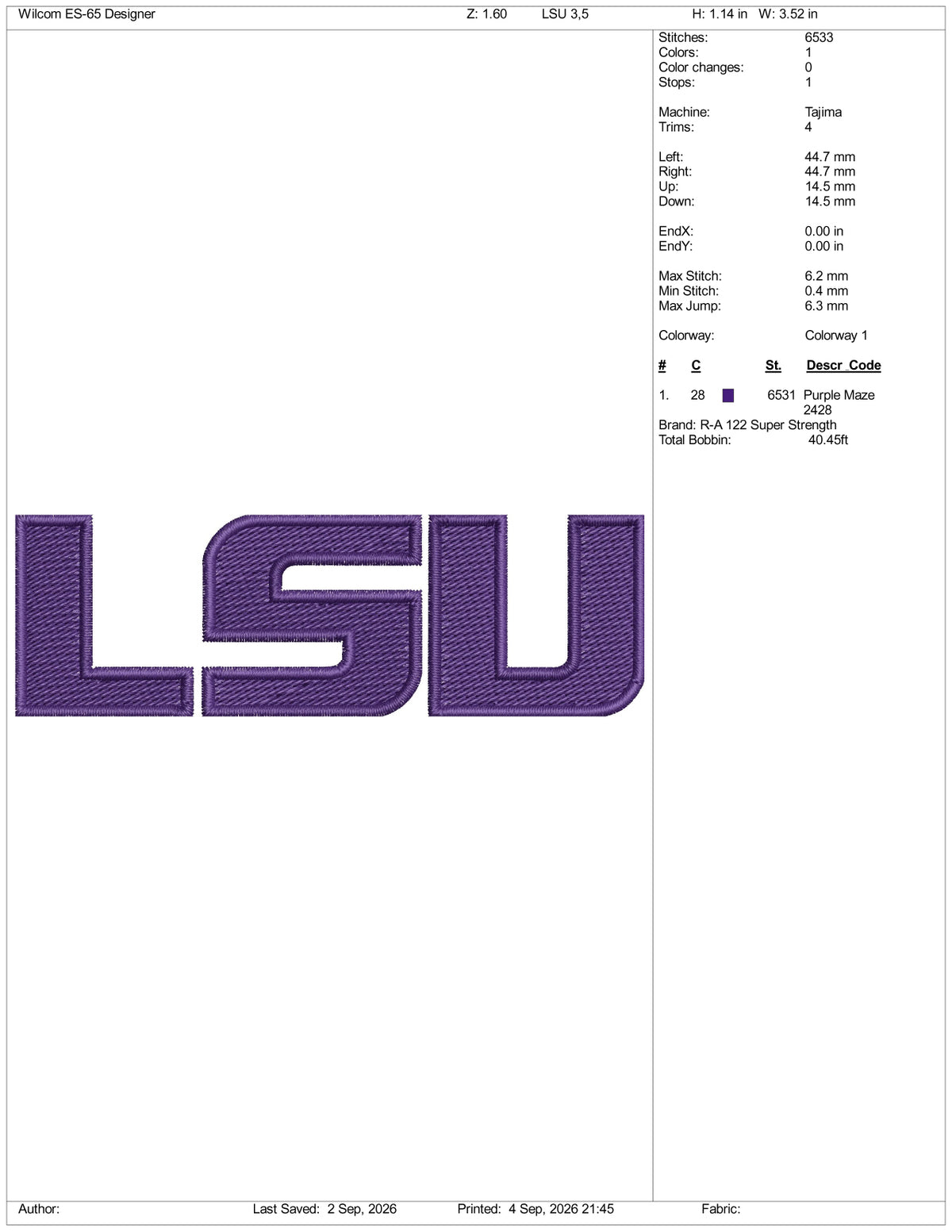 LSU Logo Embroidery Design Files - 3 Size's