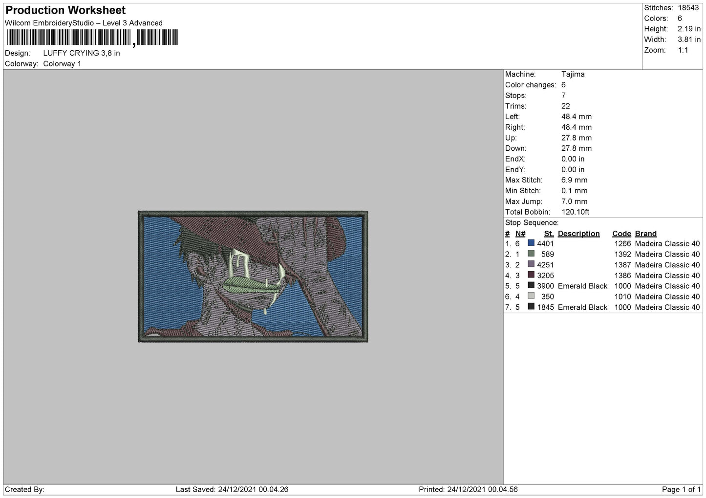 Monkey D Luffy crying Embroidery Design Files - 4 Size's