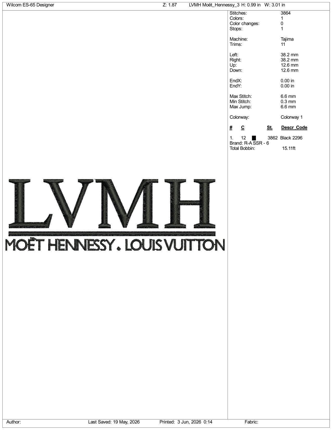 LVMH Moet Hennessy Louis Vuitton Logo Embroidery Design Files - 3 Size's