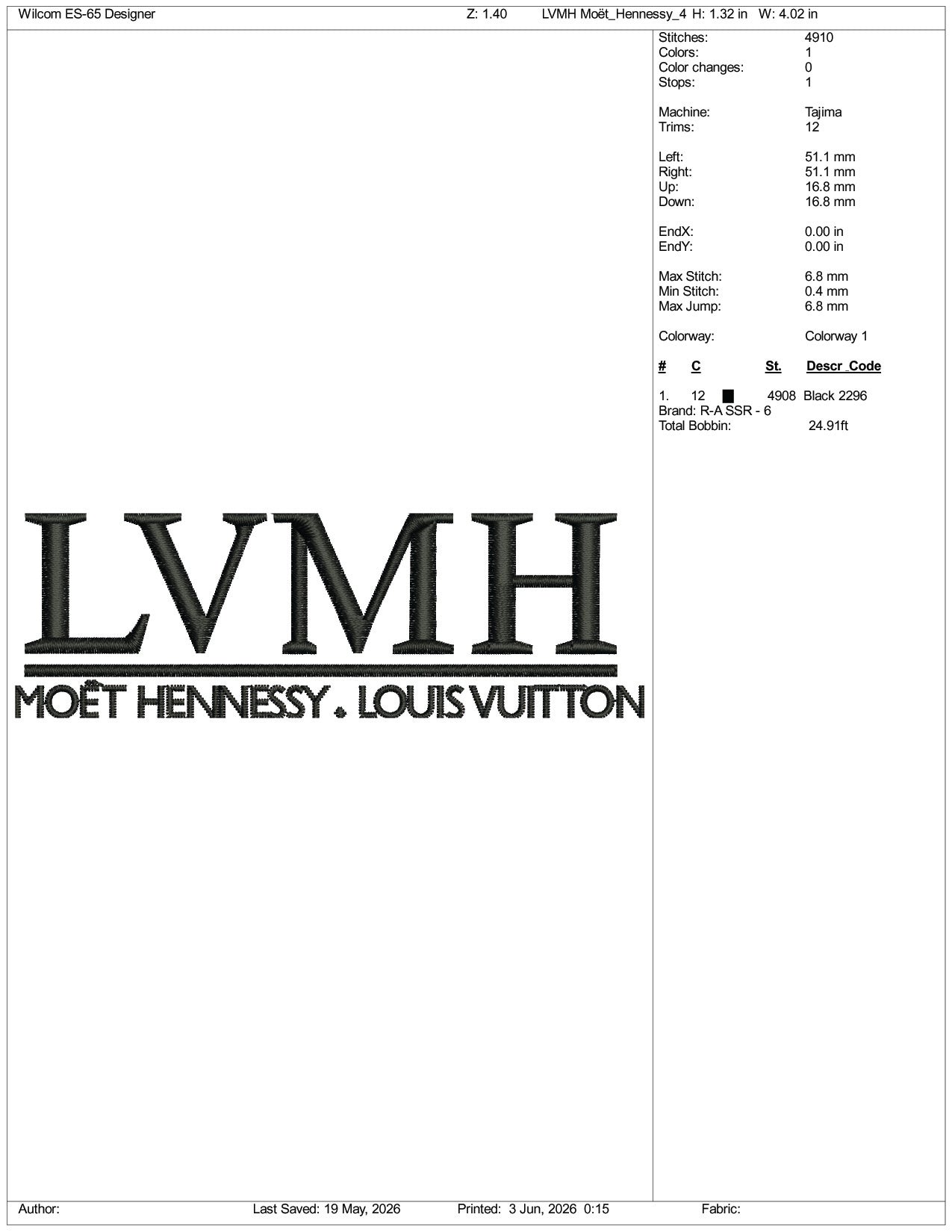 LVMH Moet Hennessy Louis Vuitton Logo Embroidery Design Files - 3 Size's