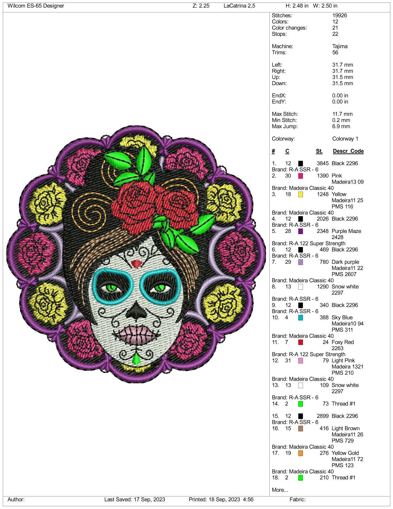 Flower Skull Face v2 Embroidery Design Files - 3 Size's