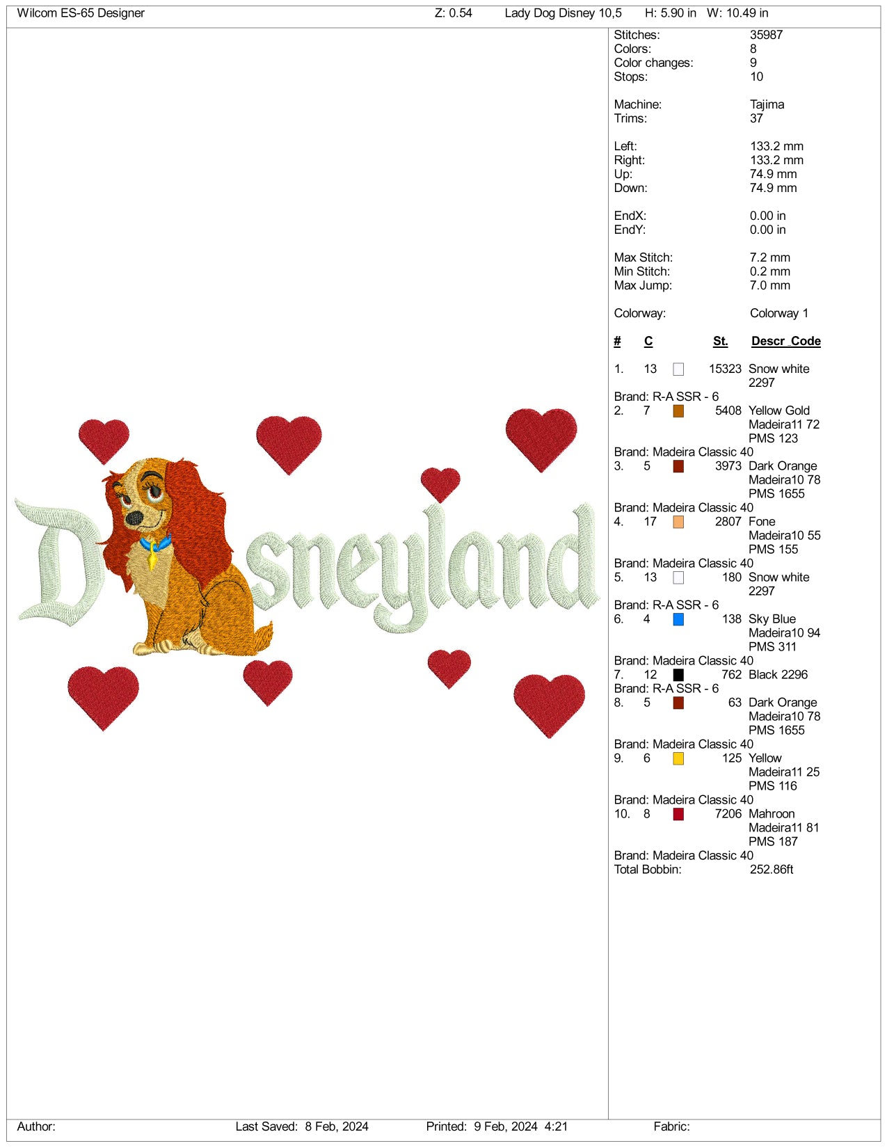 Lady Dog Disneyland Embroidery Design Files - 3 Size's