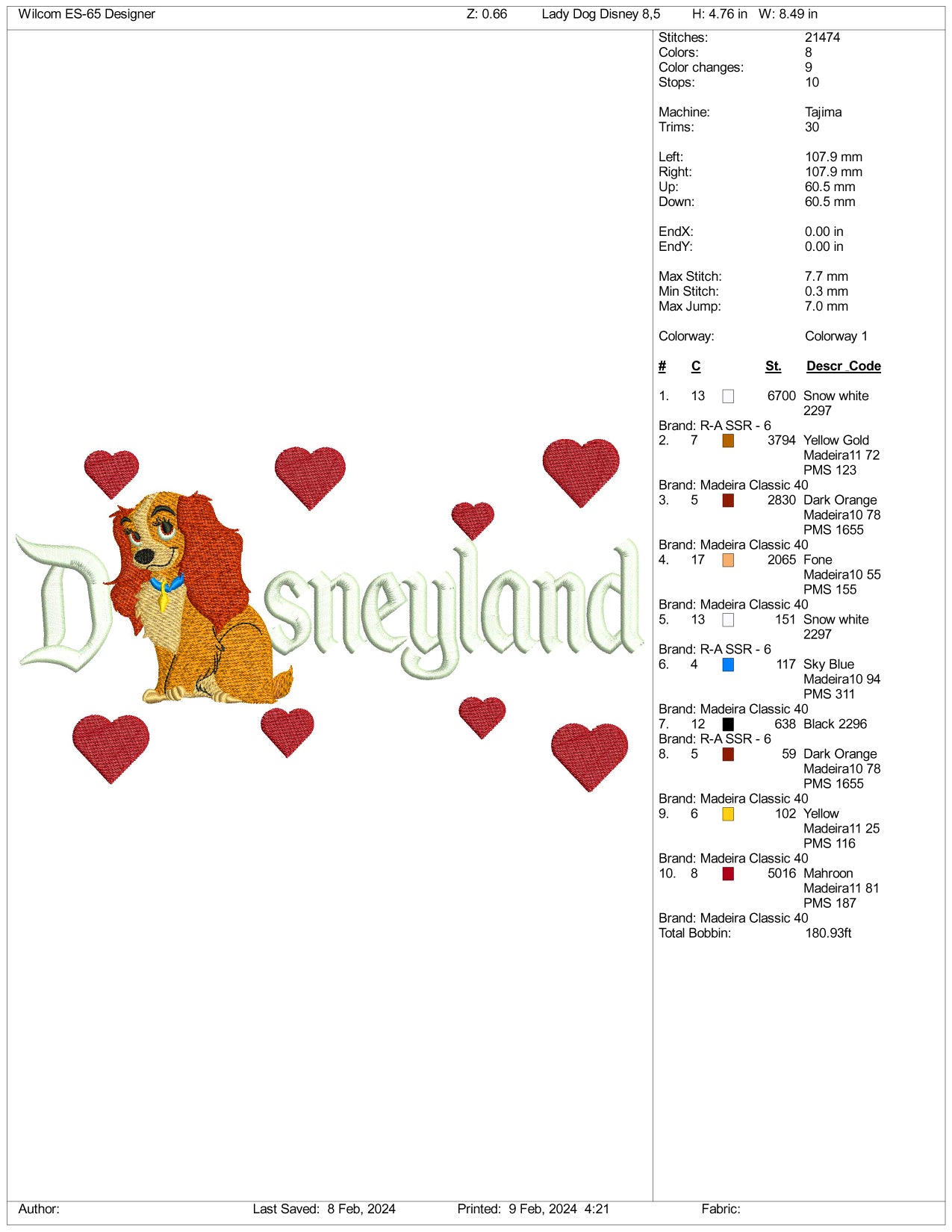 Lady Dog Disneyland Embroidery Design Files - 3 Size's