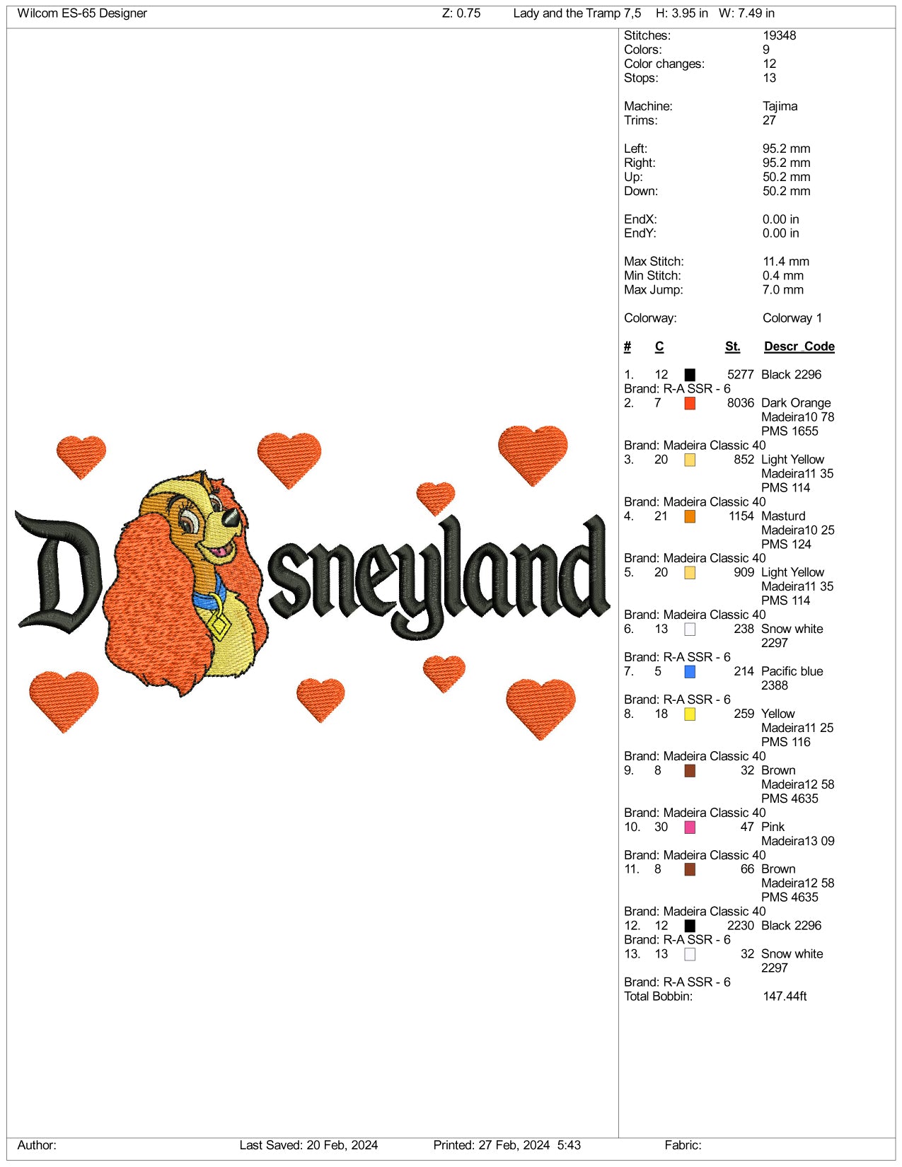 Lady Disneyland Embroidery Design Files - 3 Size's