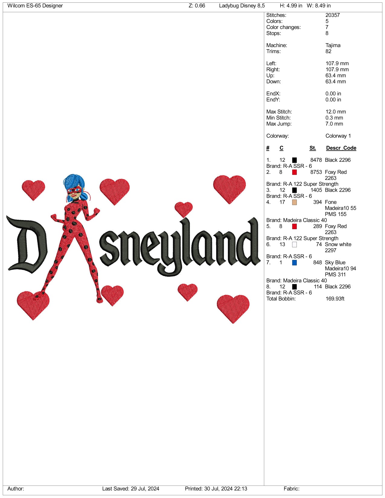 Ladybug Disneyland Embroidery Design Files - 3 Size's