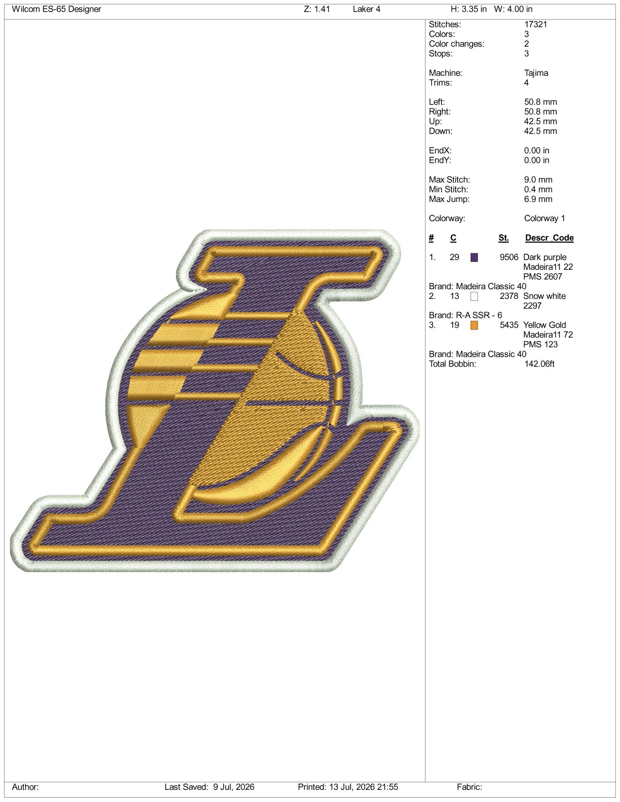Laker Logo Embroidery Design Files - 3 Size's