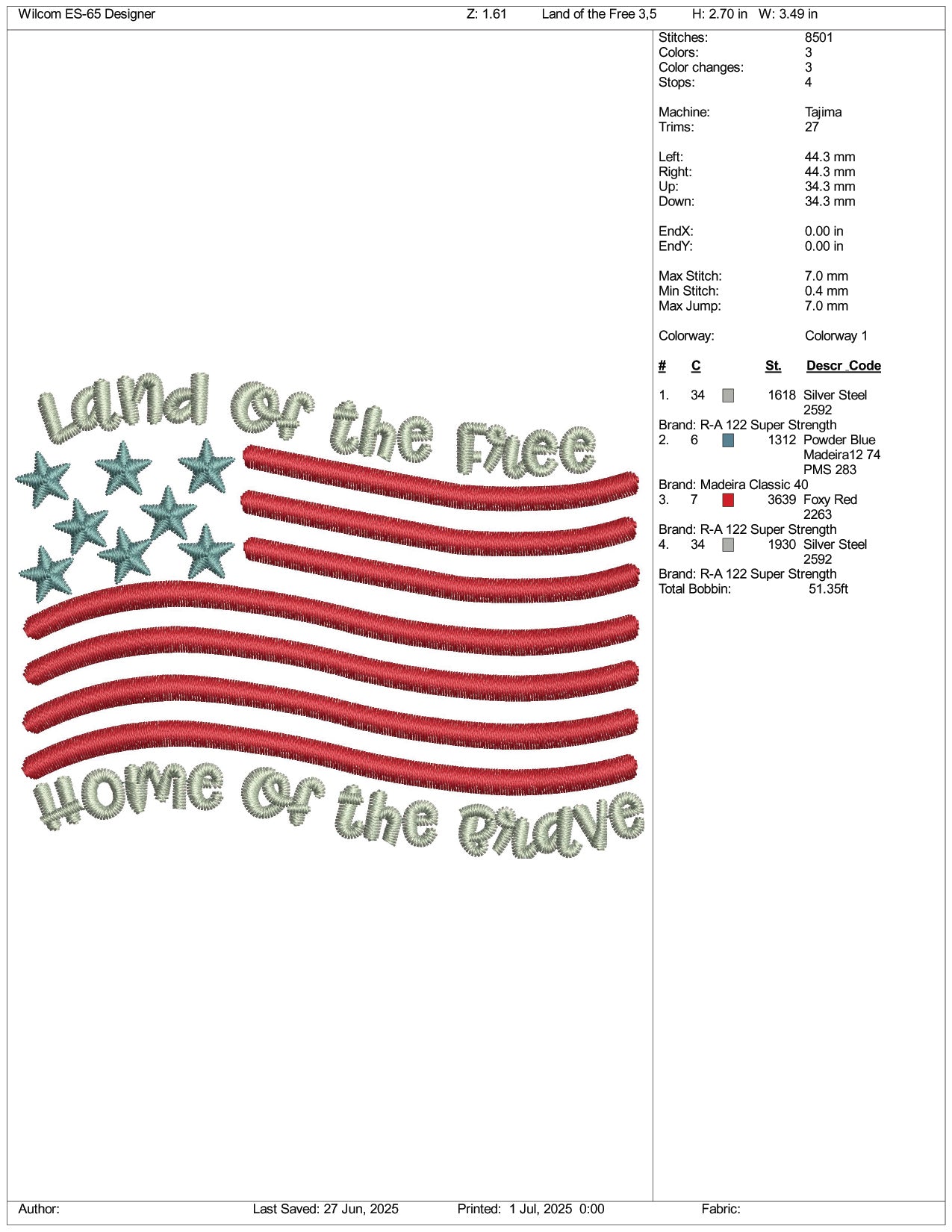 Land of The Free Home of The Brave Embroidery Design Files - 3 Size's