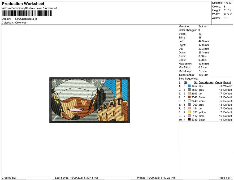 Trafalgar D Water Law Embroidery Design Files - 4 Size's
