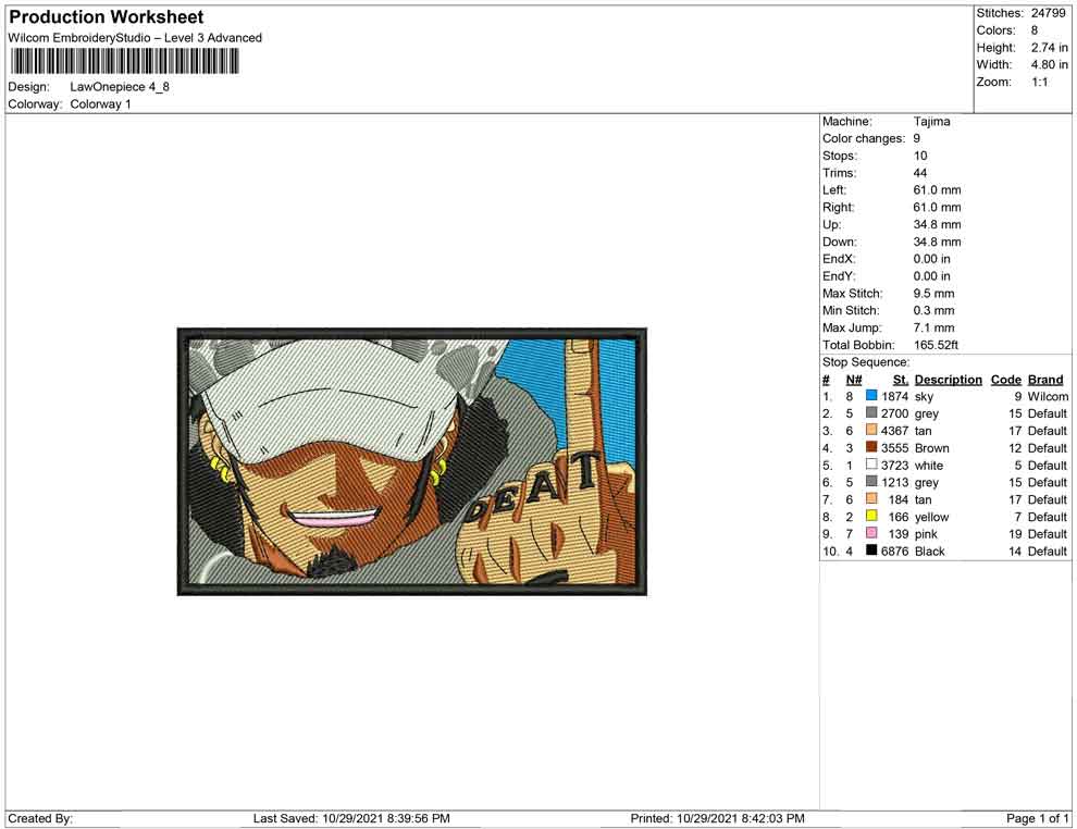 Trafalgar D Water Law Embroidery Design Files - 4 Size's