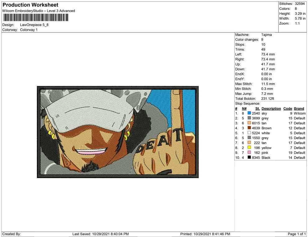Trafalgar D Water Law Embroidery Design Files - 4 Size's