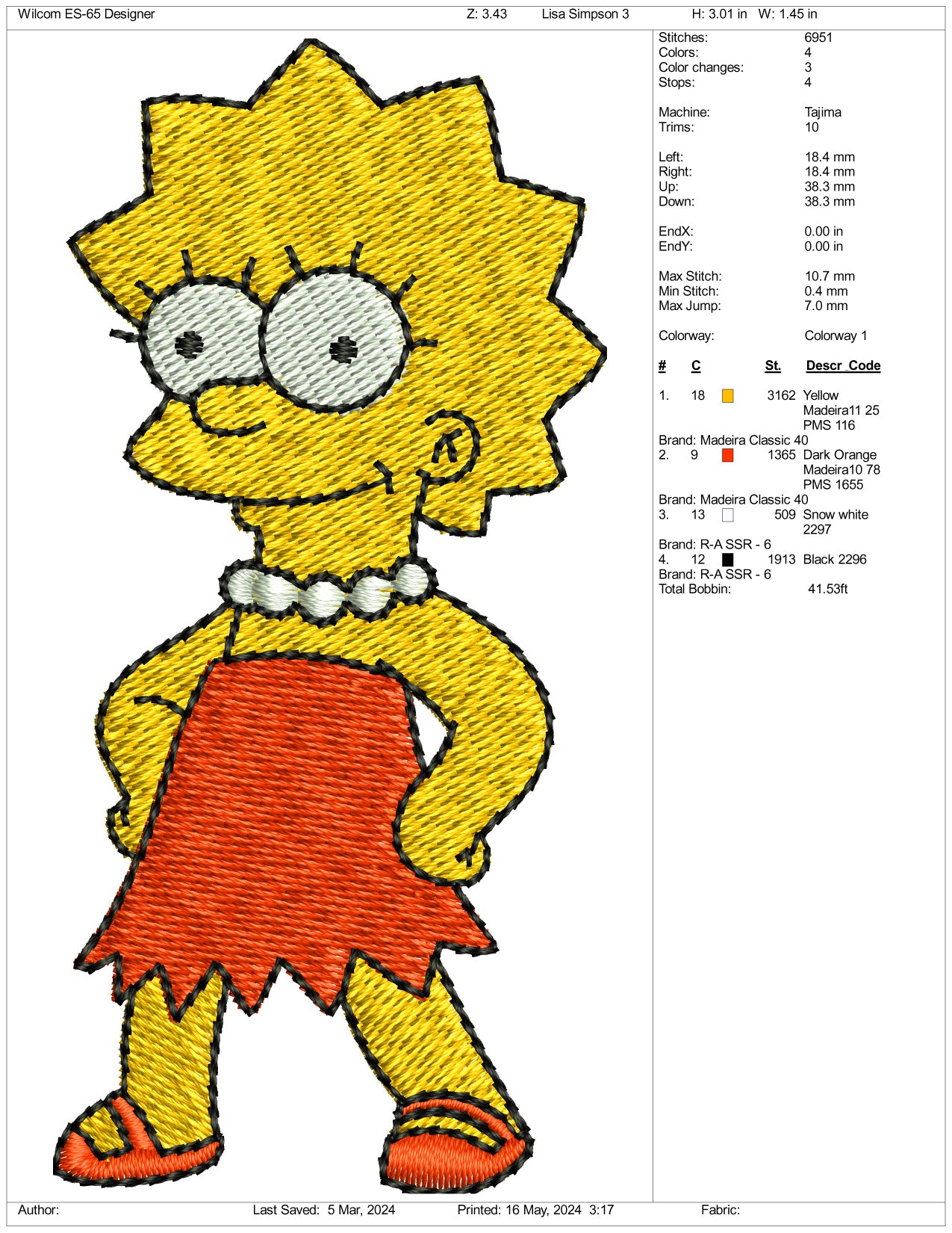 Lisa Simpson Embroidery Design Files - 3 Sizes