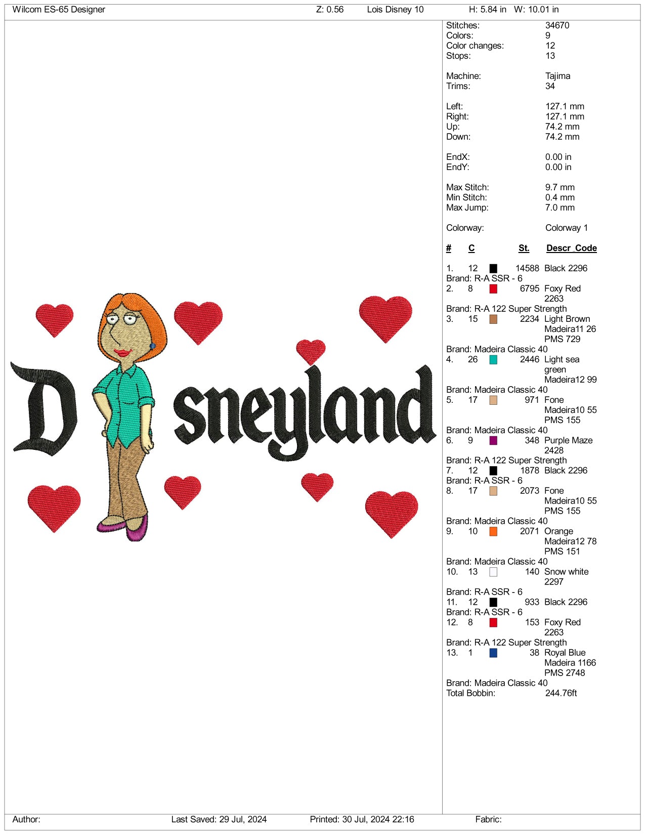 Lois Griffin Disneyland Embroidery Design Files - 3 Size's