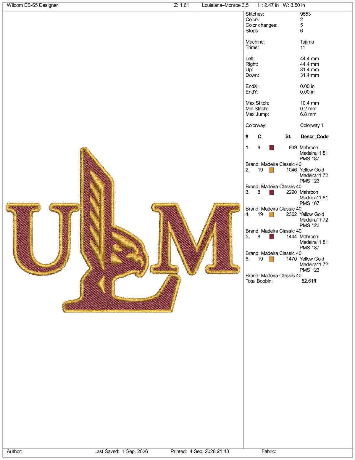 Louisiana Monroe Logo Embroidery Design Files - 3 Size's