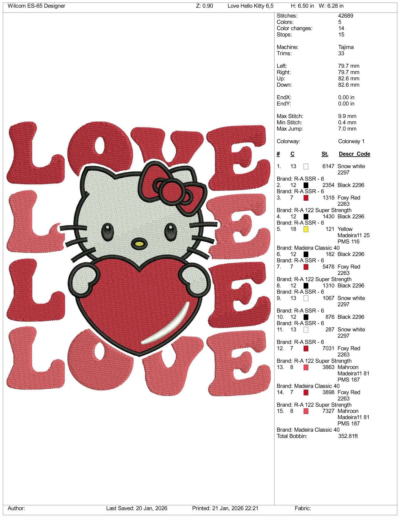 Love Hello Kitty Embroidery Design Files - 3 Size's