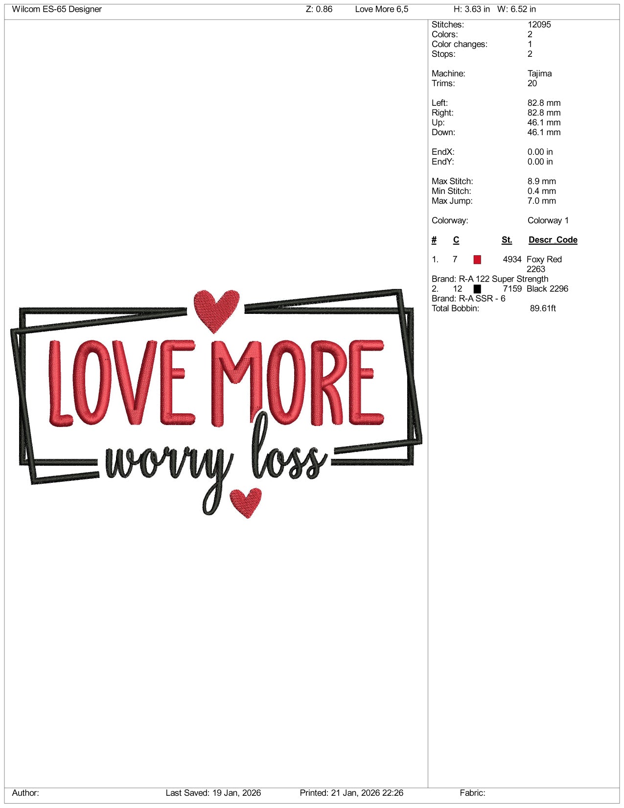 Love More Worry Less Embroidery Design Files - 3 Size's