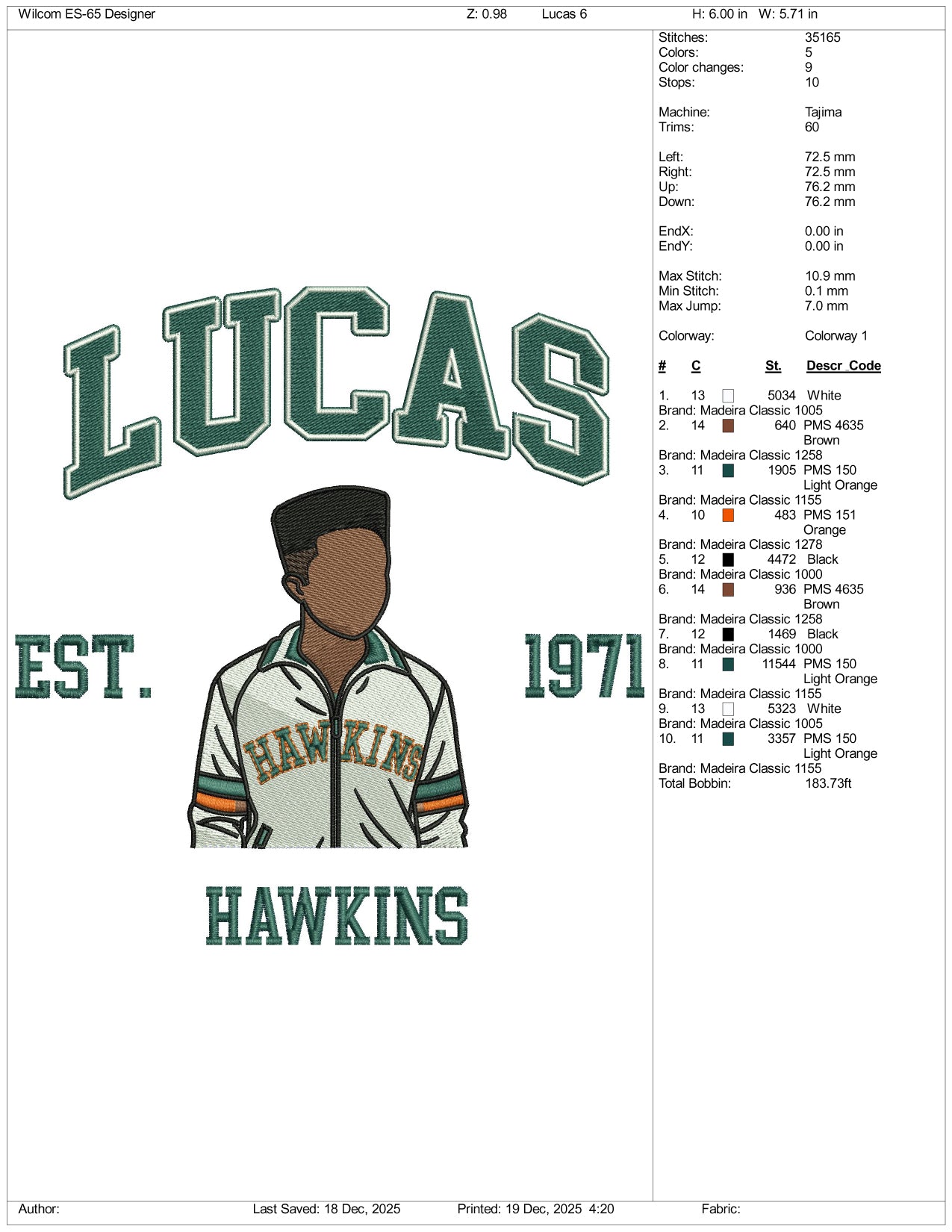 Lucas Est 1971 Hawkins Embroidery Design Files - 3 Size's