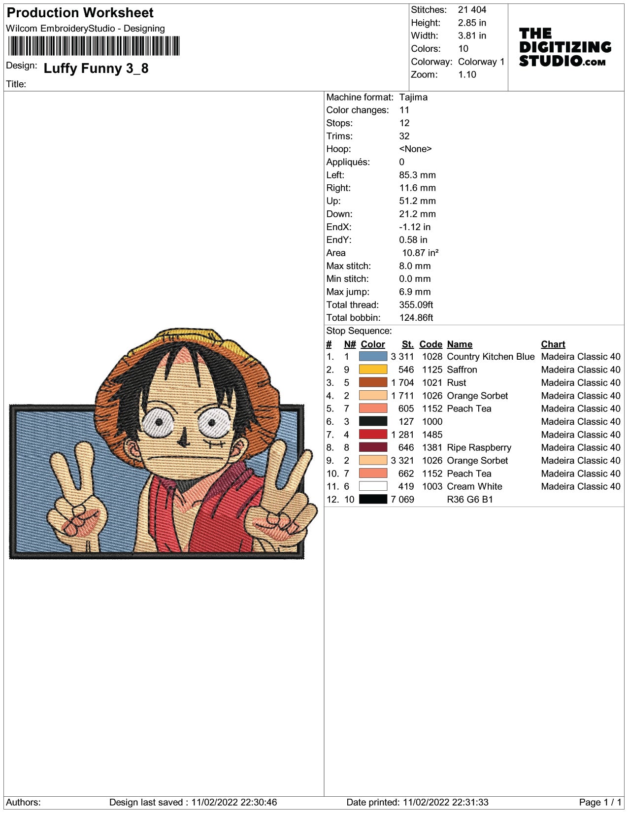Monkey D Luffy v13 Embroidery Design Files - 3 Size's