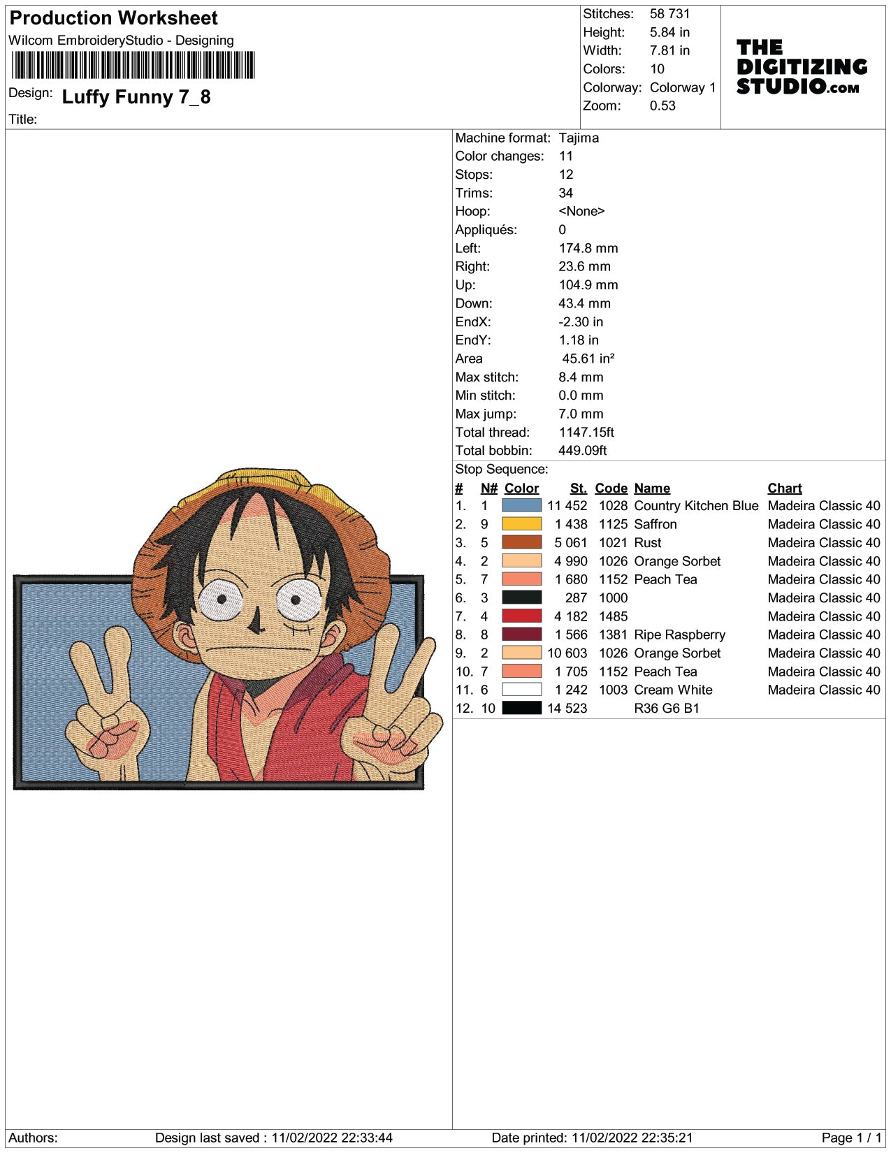 Monkey D Luffy v13 Embroidery Design Files - 3 Size's