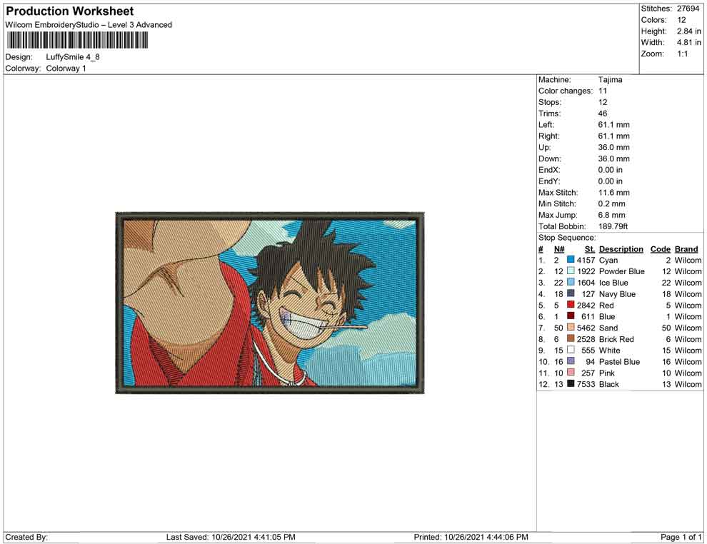 Monkey D Luffy v17 Embroidery Design Files - 4 Size's