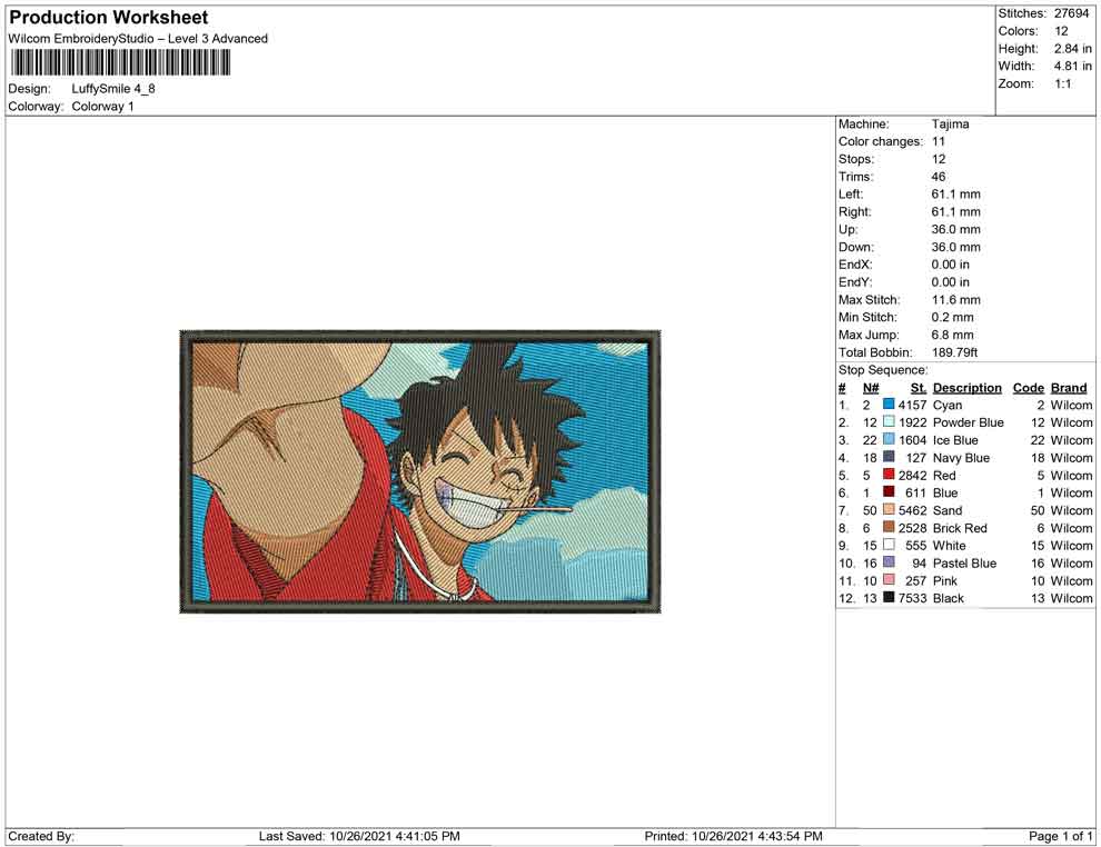 Monkey D Luffy v17 Embroidery Design Files - 4 Size's