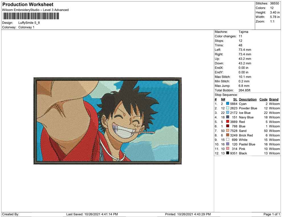 Monkey D Luffy v17 Embroidery Design Files - 4 Size's