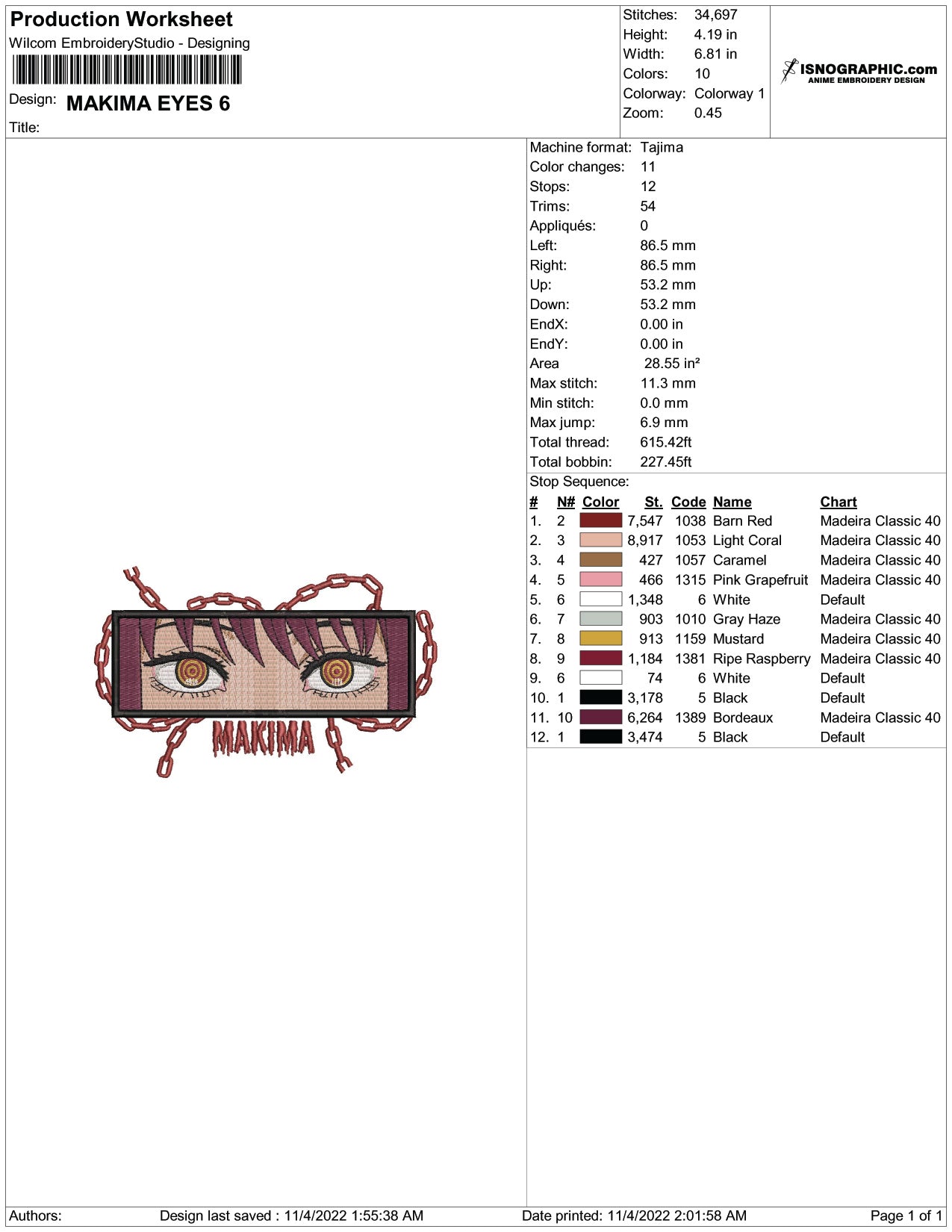 Makima Eyes  Embroidery Design Files - 4 Size's