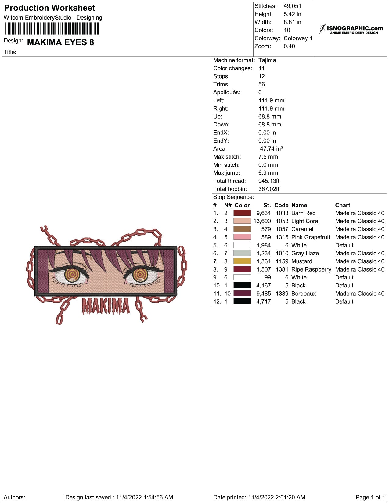 Makima Eyes  Embroidery Design Files - 4 Size's