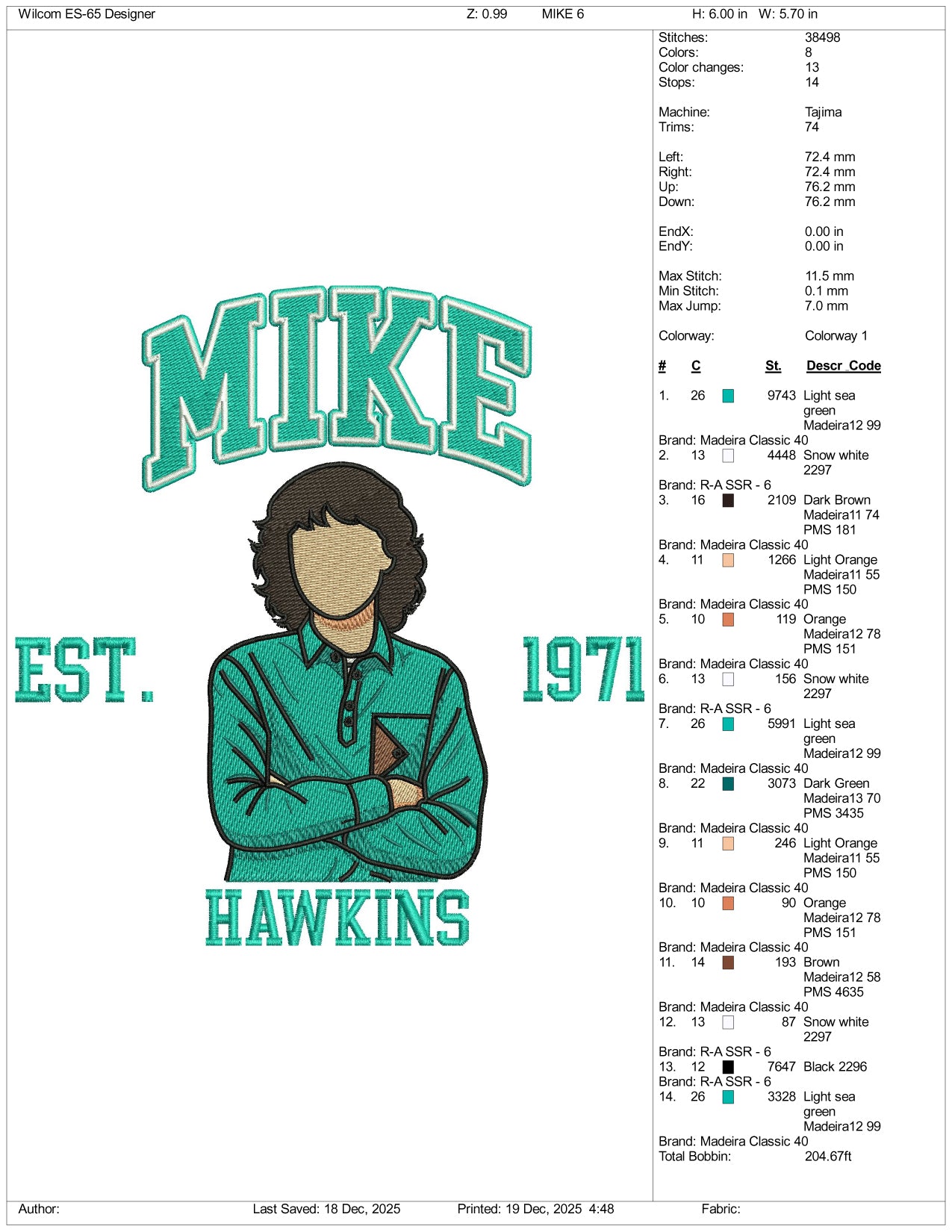 Mike Est 1971 Hawkins Embroidery Design Files - 3 Size's